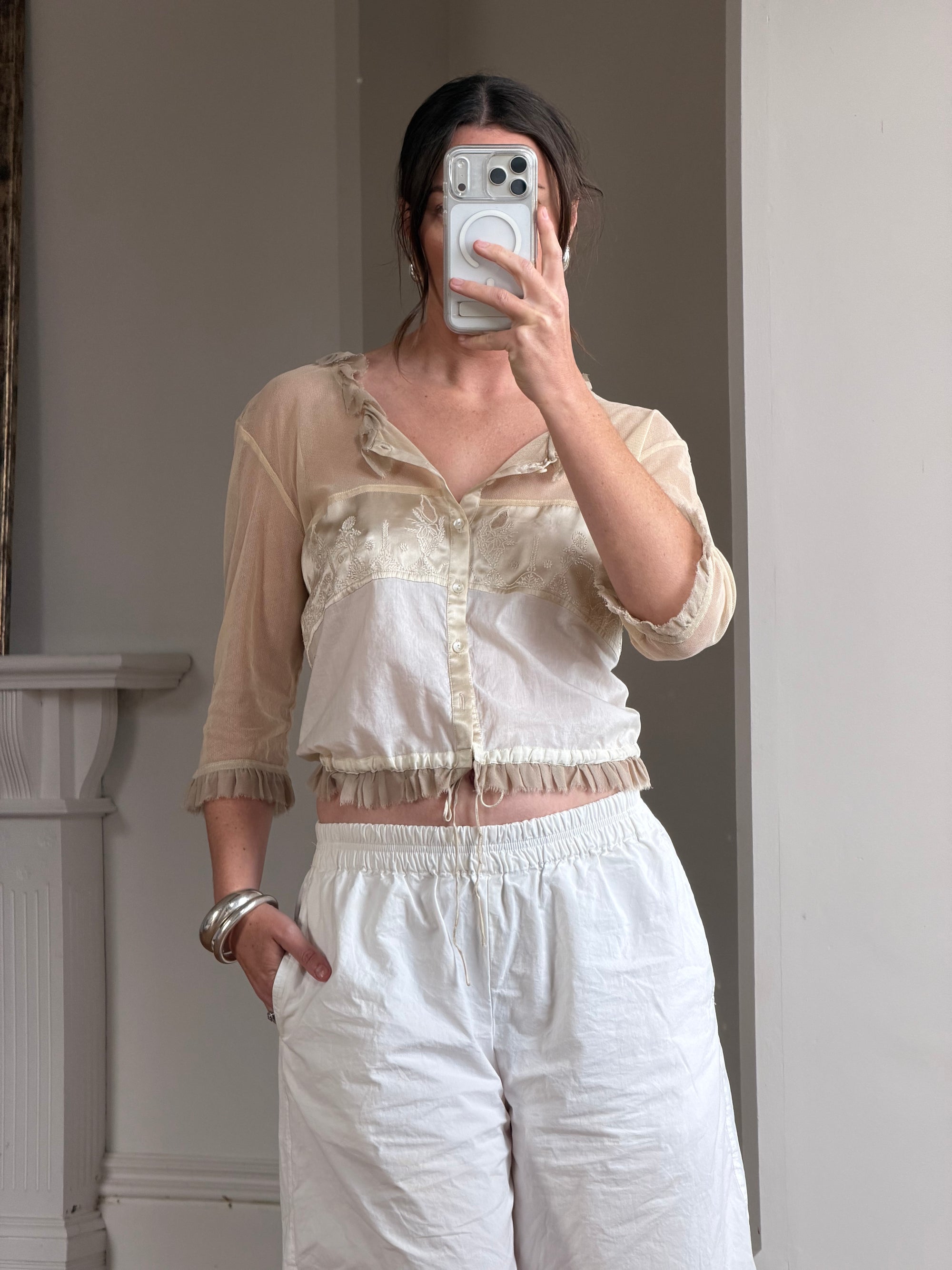 Vintage 90s Silk Ruffle Embroidered Blouse Creme