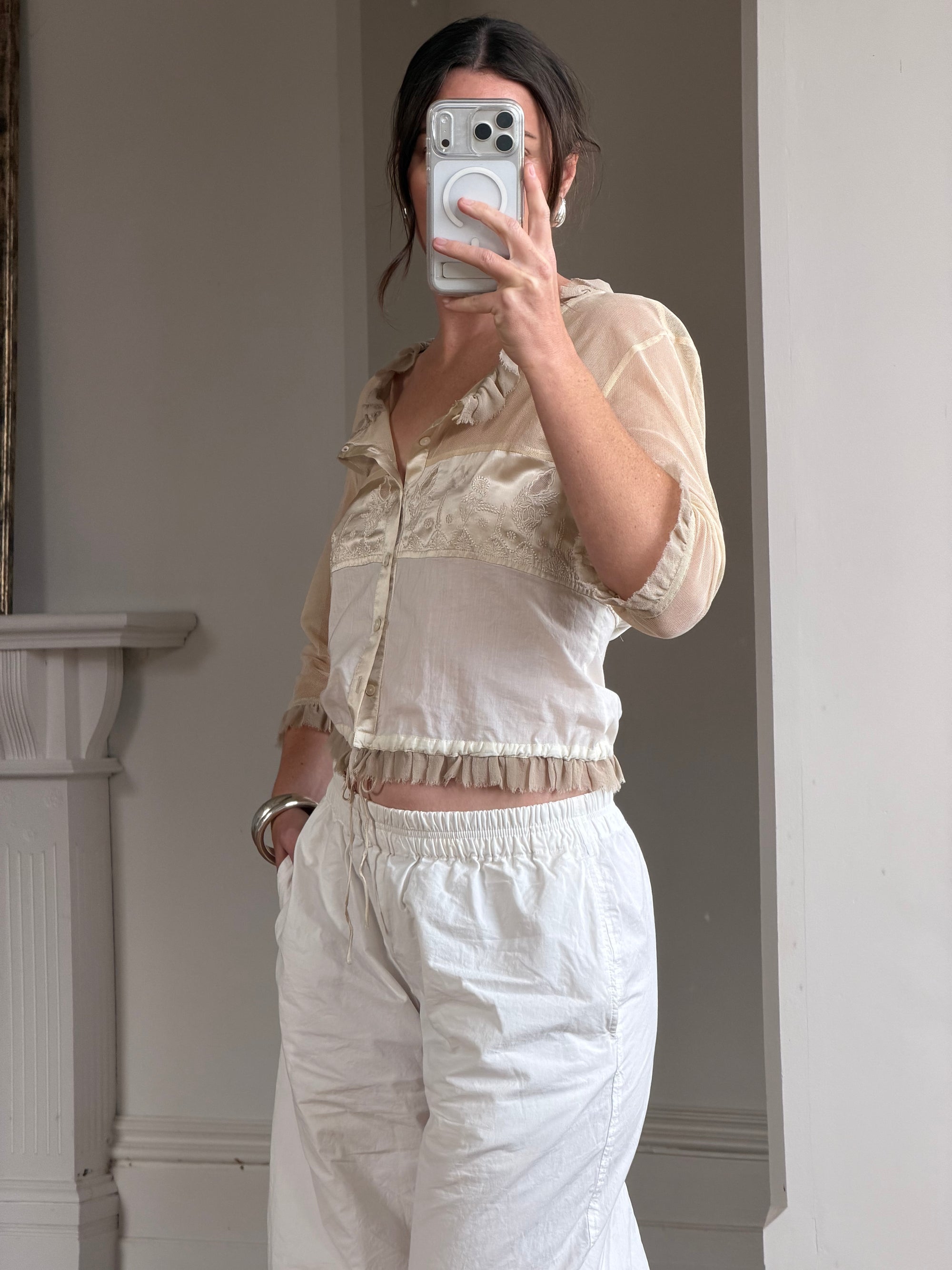 Vintage 90s Silk Ruffle Embroidered Blouse Creme