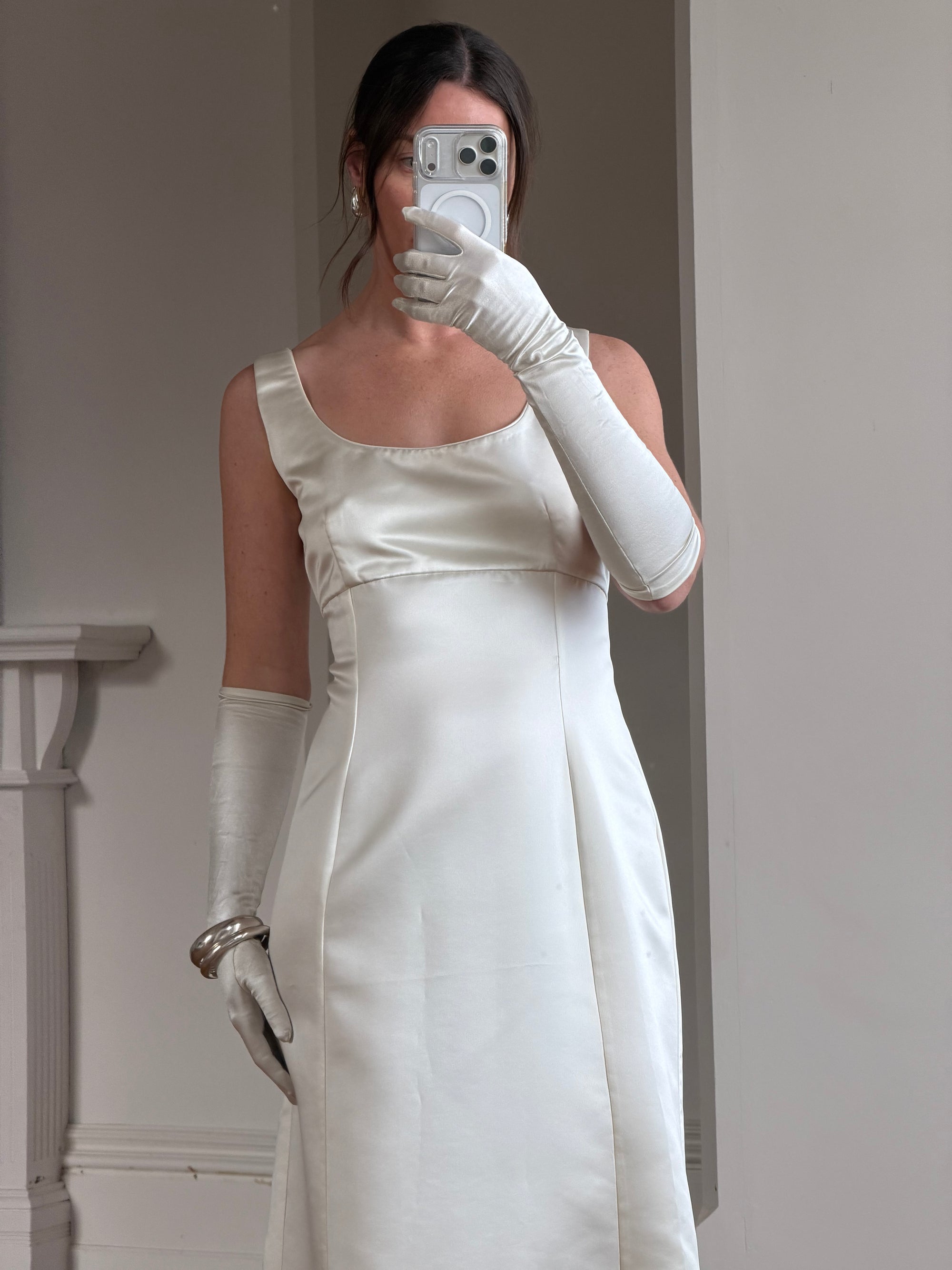 Vintage 90s White Satin Column Bridal Dress with Gloves