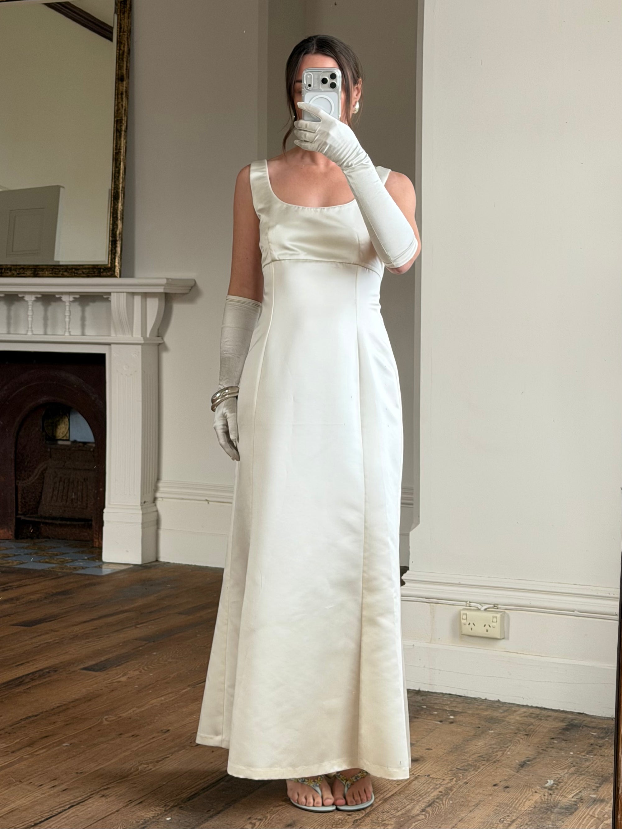 Vintage 90s White Satin Column Bridal Dress with Gloves