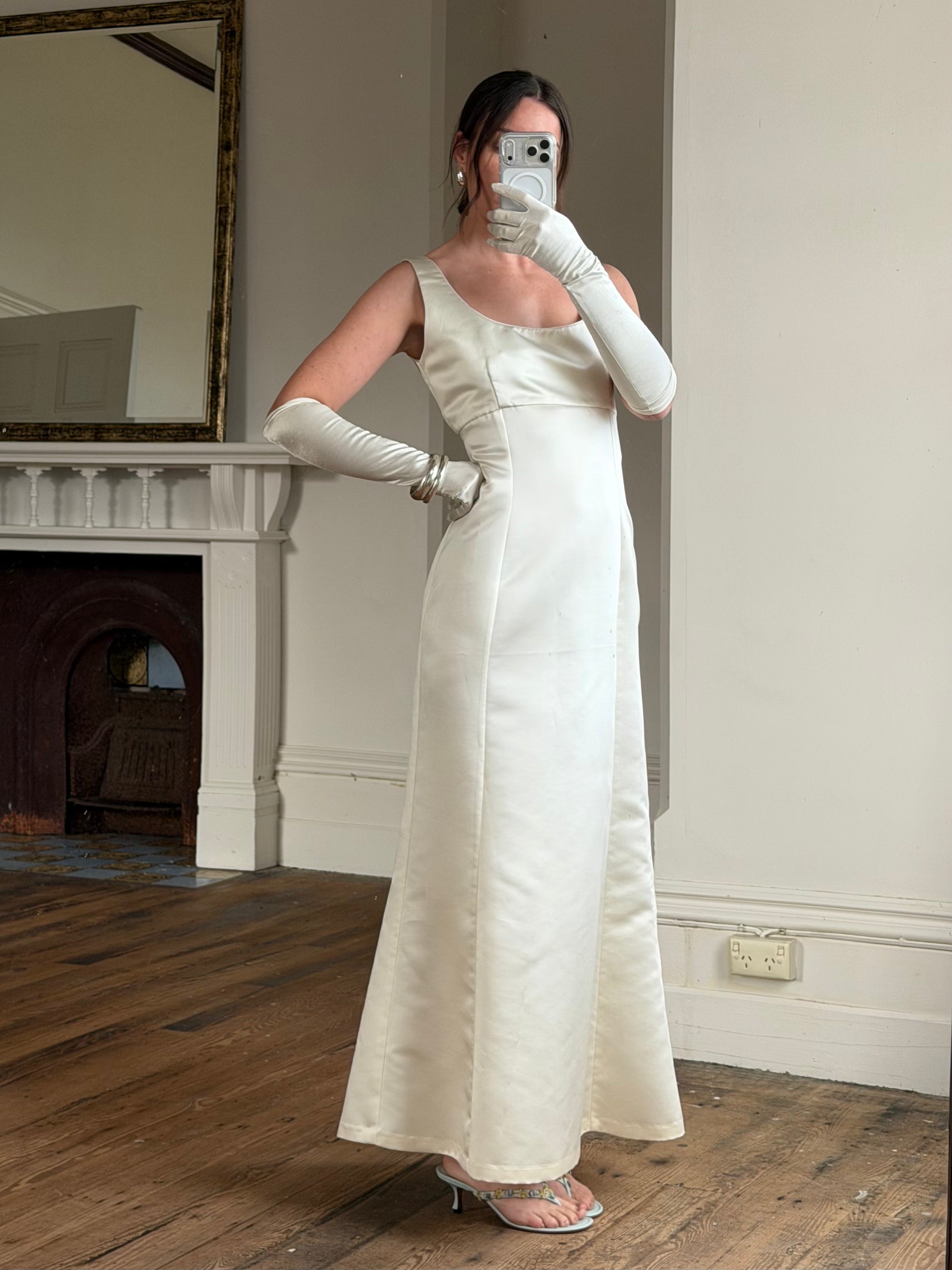 Vintage 90s White Satin Column Bridal Dress with Gloves