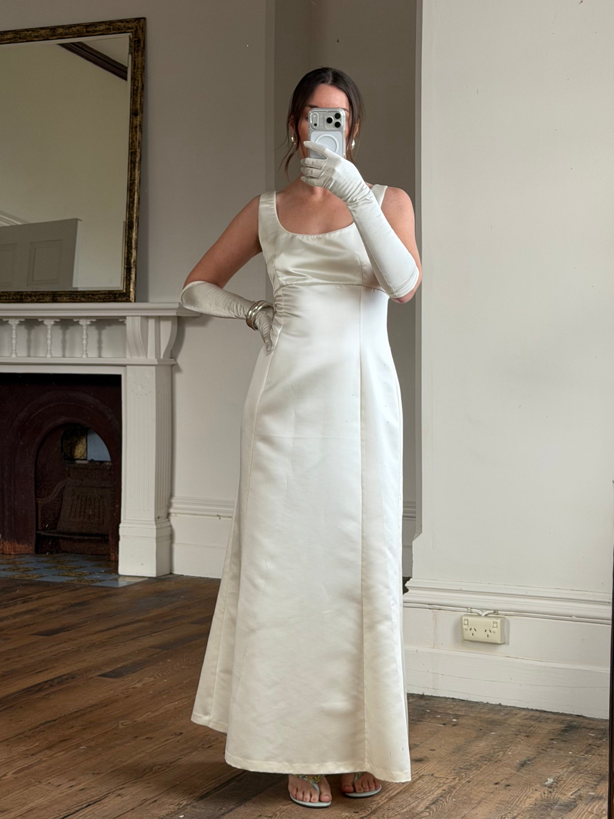 Vintage 90s White Satin Column Bridal Dress with Gloves