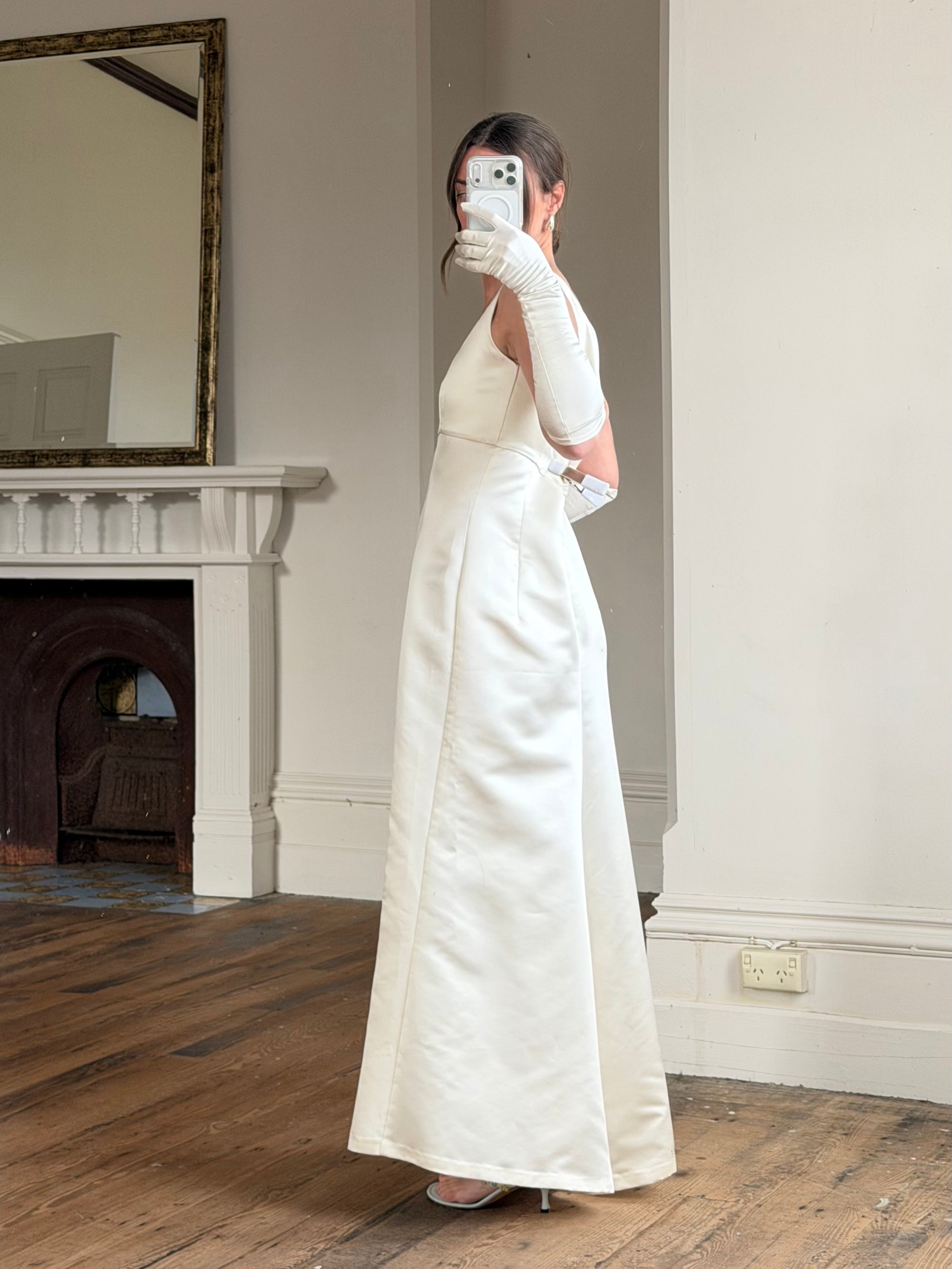 Vintage 90s White Satin Column Bridal Dress with Gloves