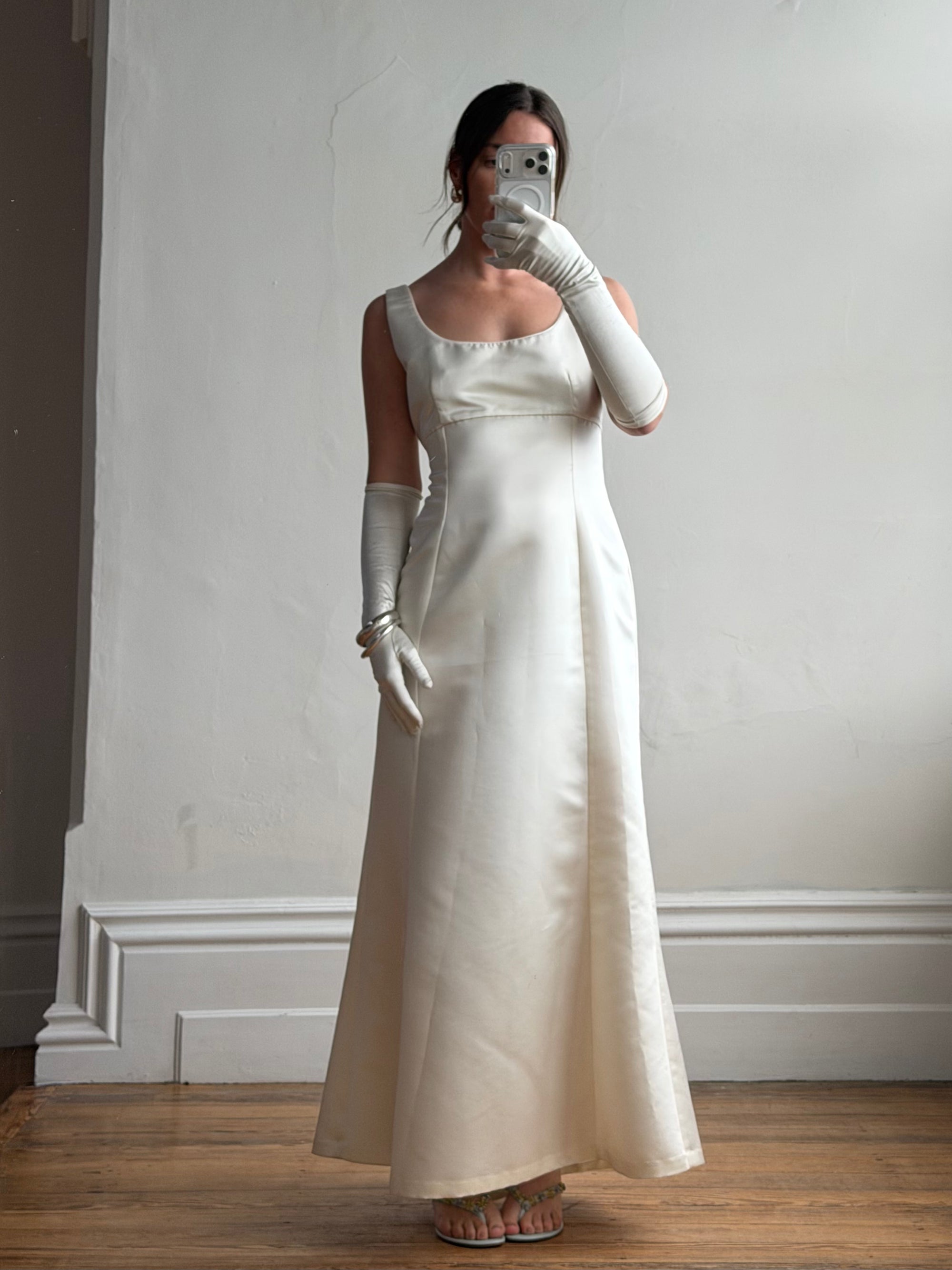 Vintage 90s White Satin Column Bridal Dress with Gloves