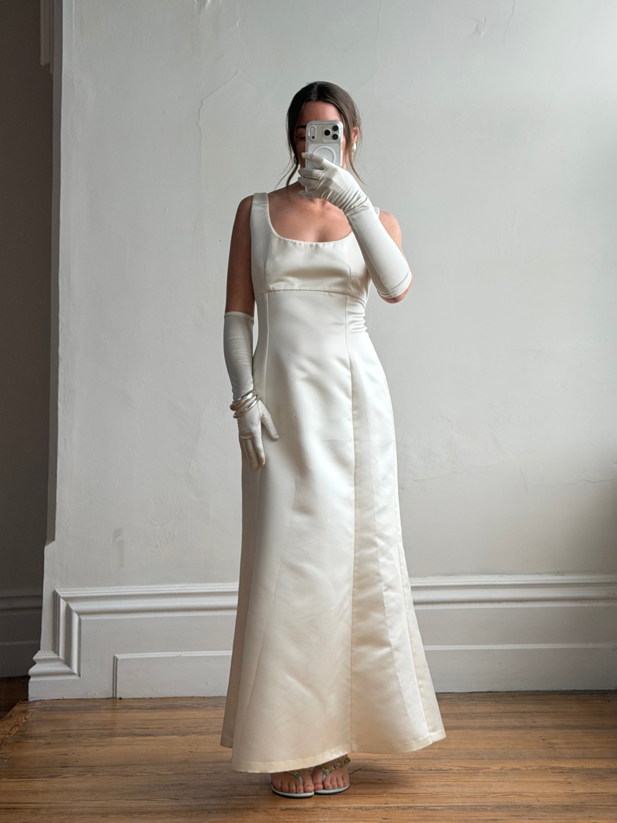 Vintage 90s White Satin Column Bridal Dress with Gloves