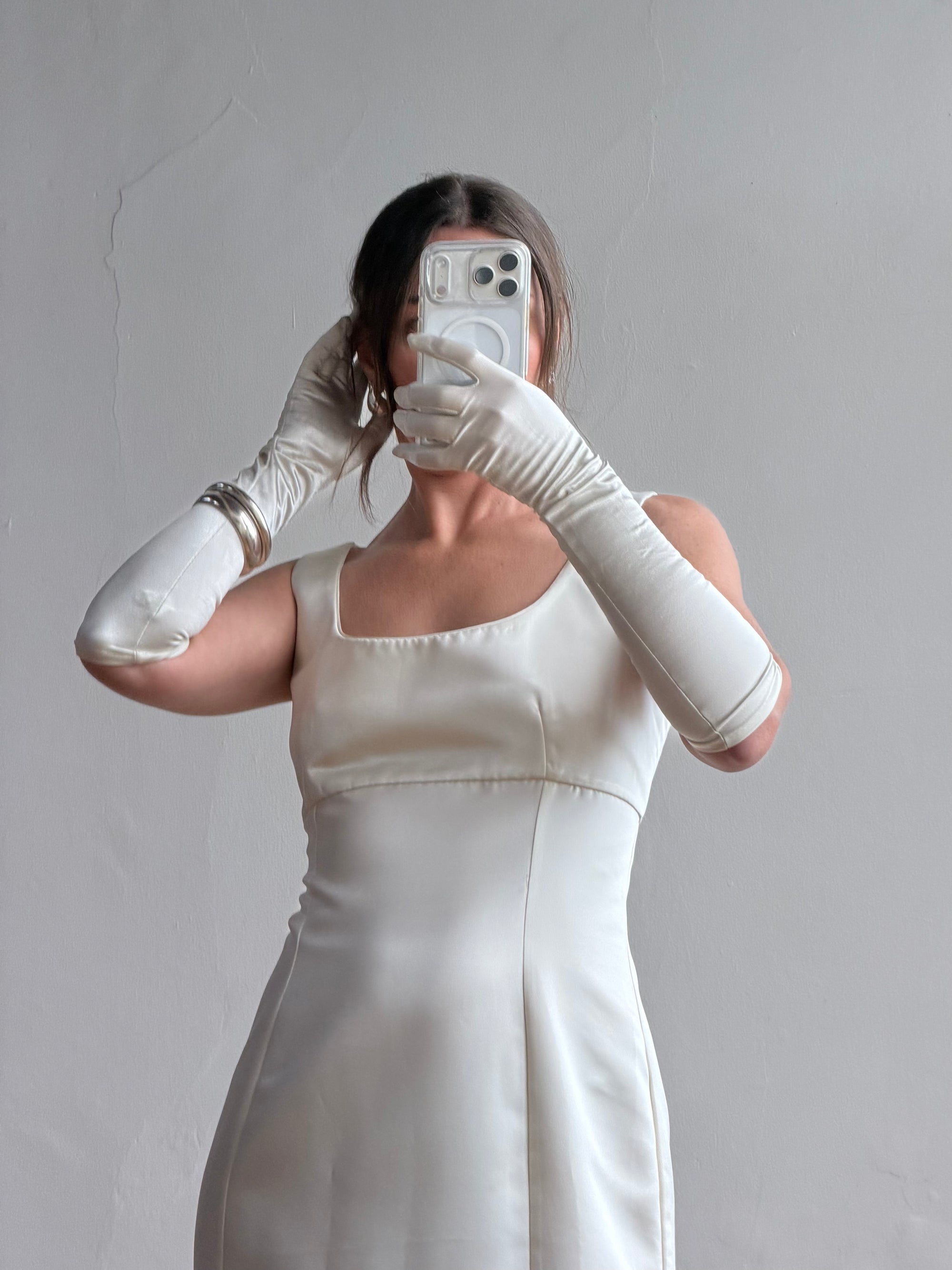 Vintage 90s White Satin Column Bridal Dress with Gloves