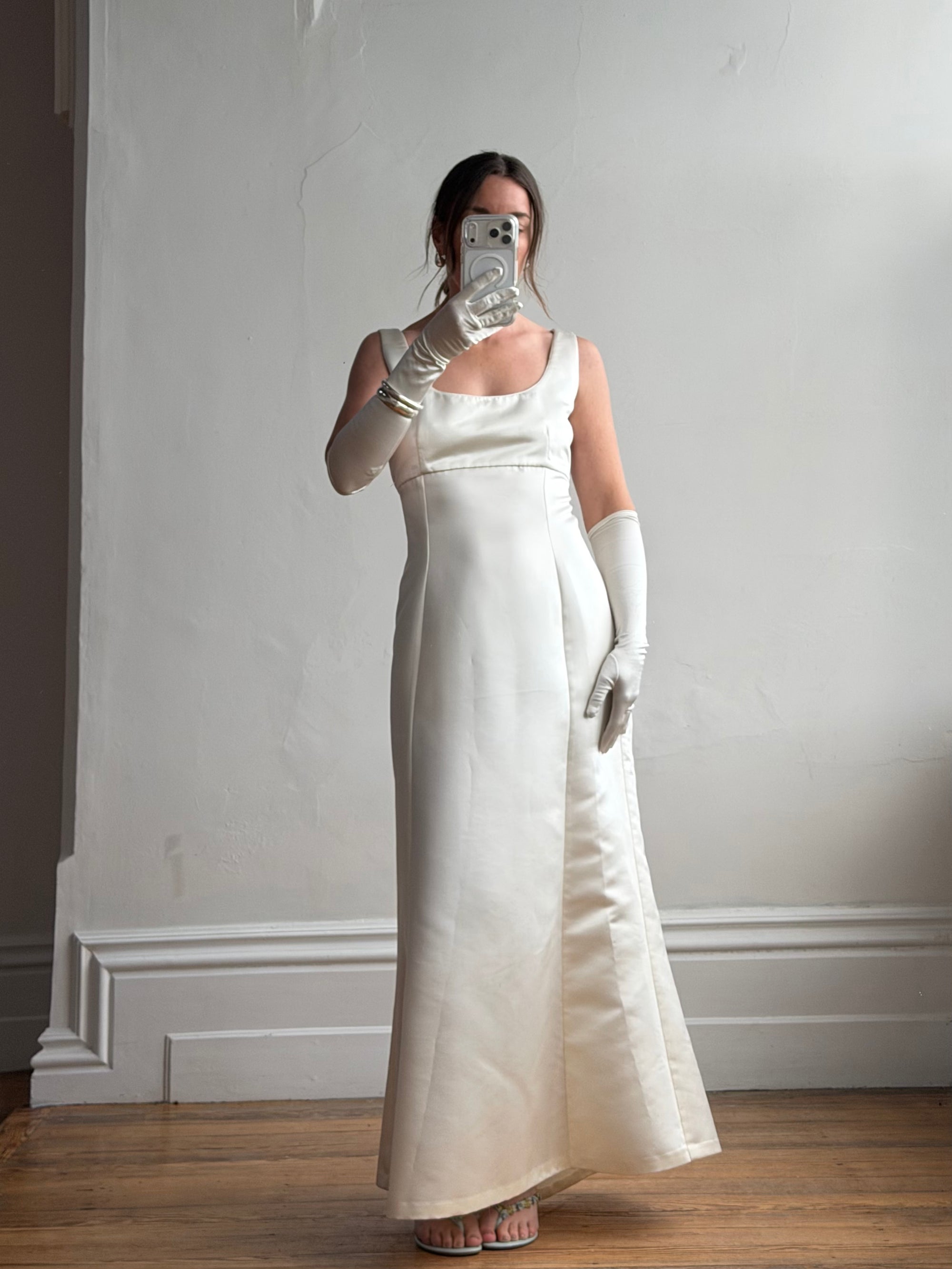 Vintage 90s White Satin Column Bridal Dress with Gloves