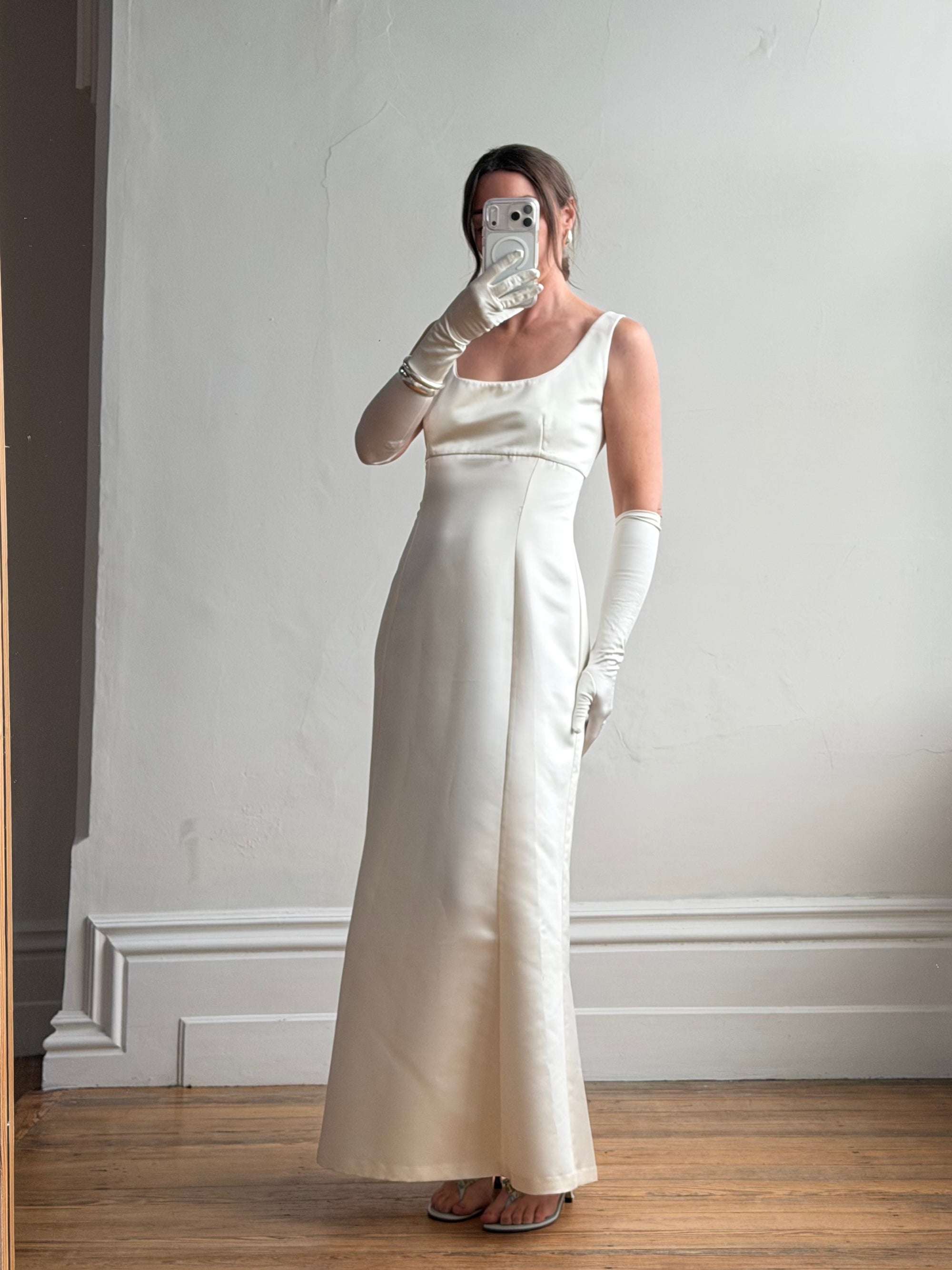 Vintage 90s White Satin Column Bridal Dress with Gloves