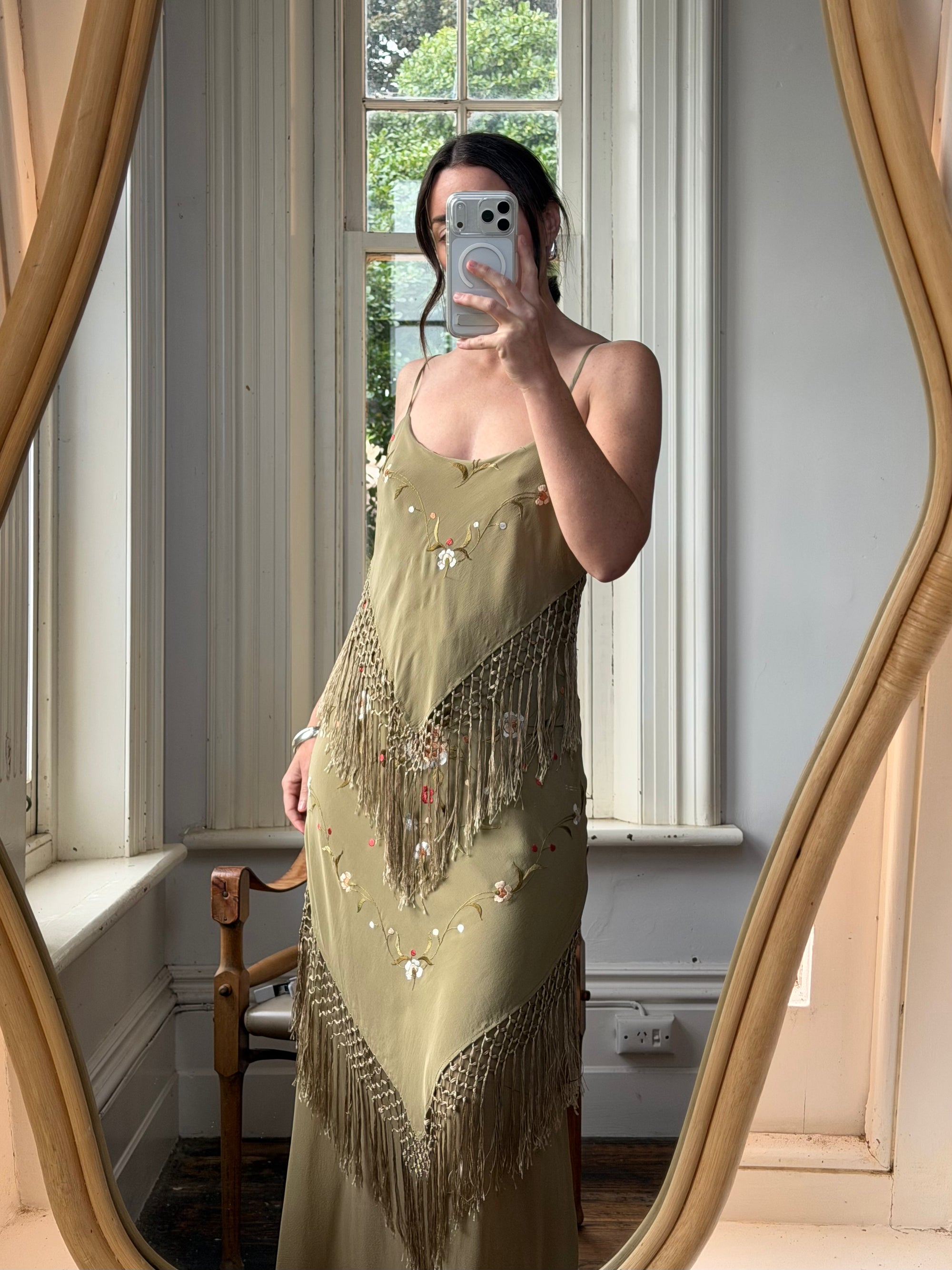 Vintage 90s Pure Silk Embroidered Fringe Maxi Dress Khaki