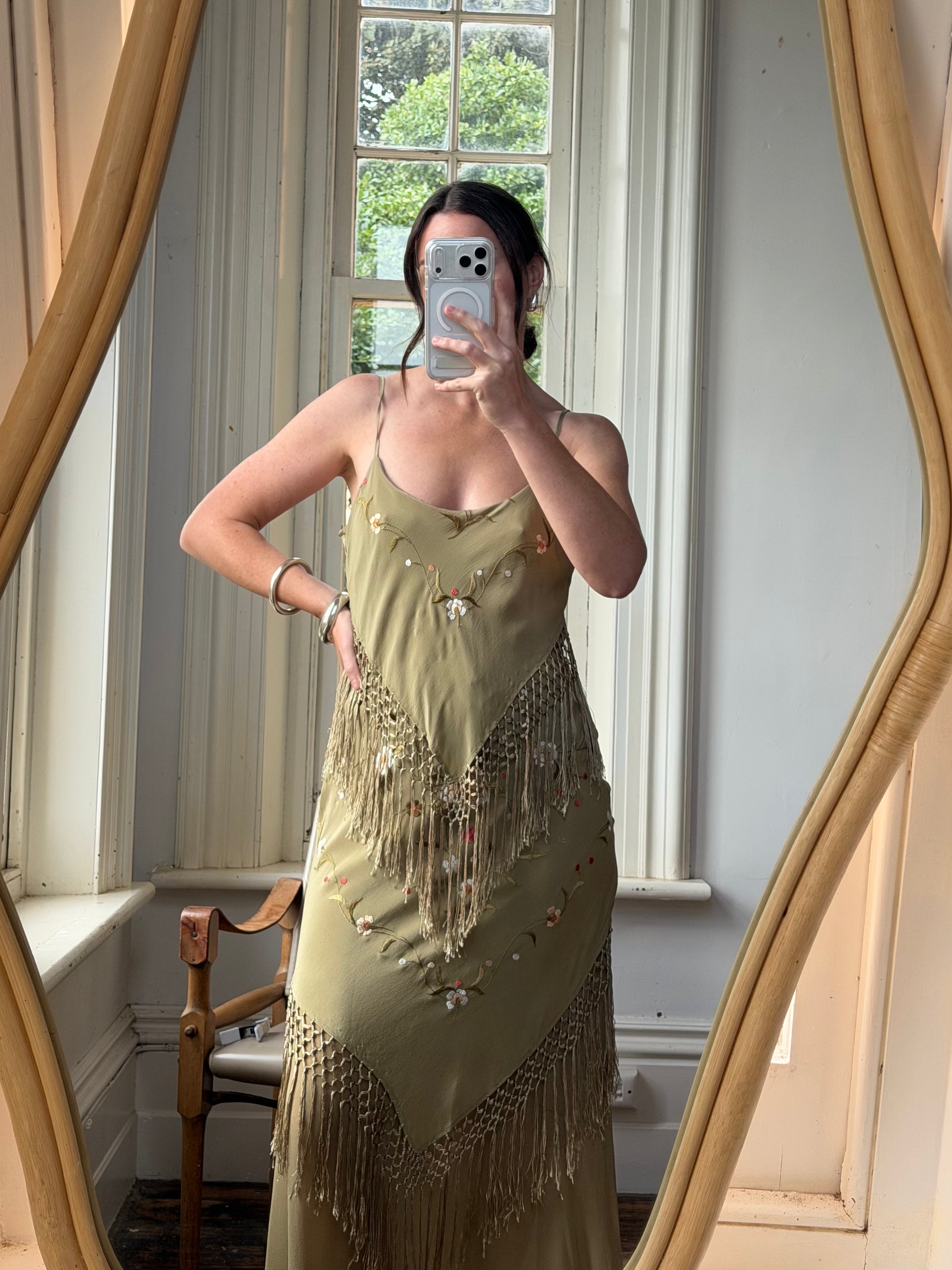 Vintage 90s Pure Silk Embroidered Fringe Maxi Dress Khaki
