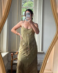 Vintage 90s Pure Silk Embroidered Fringe Maxi Dress Khaki