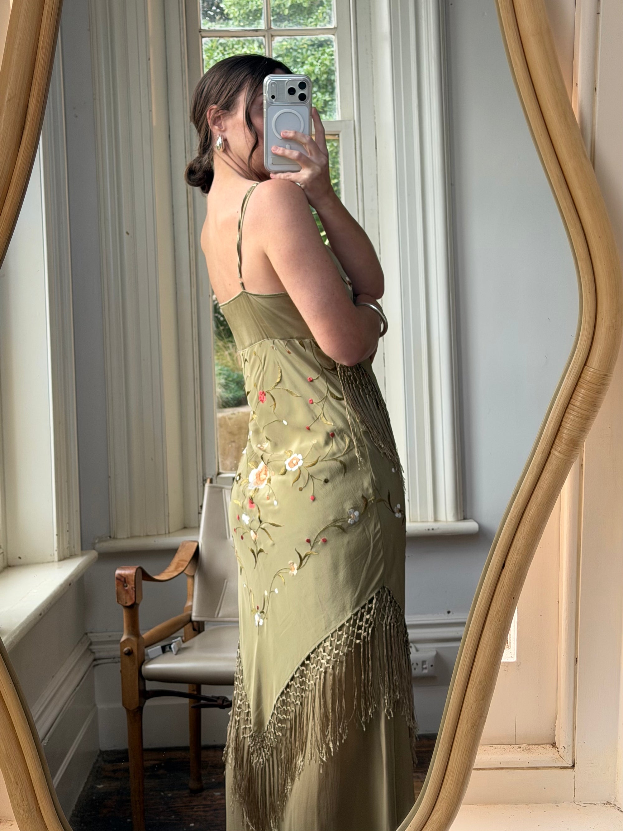 Vintage 90s Pure Silk Embroidered Fringe Maxi Dress Khaki