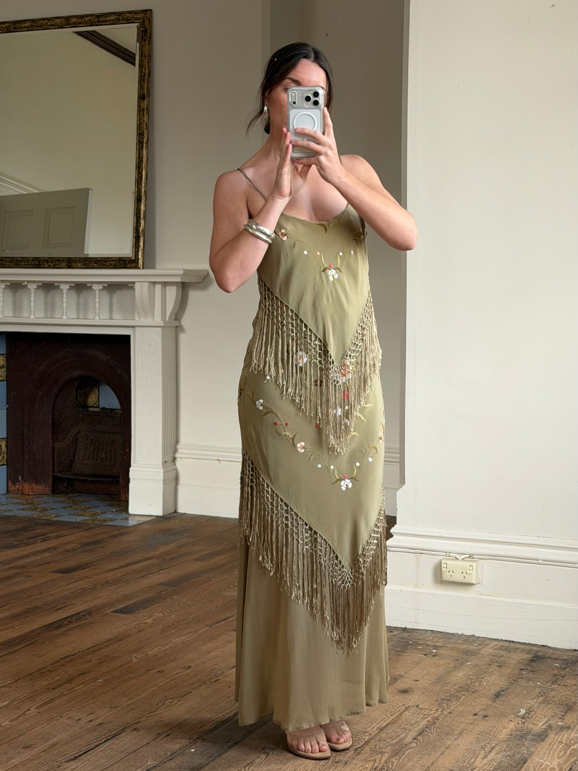Vintage 90s Pure Silk Embroidered Fringe Maxi Dress Khaki