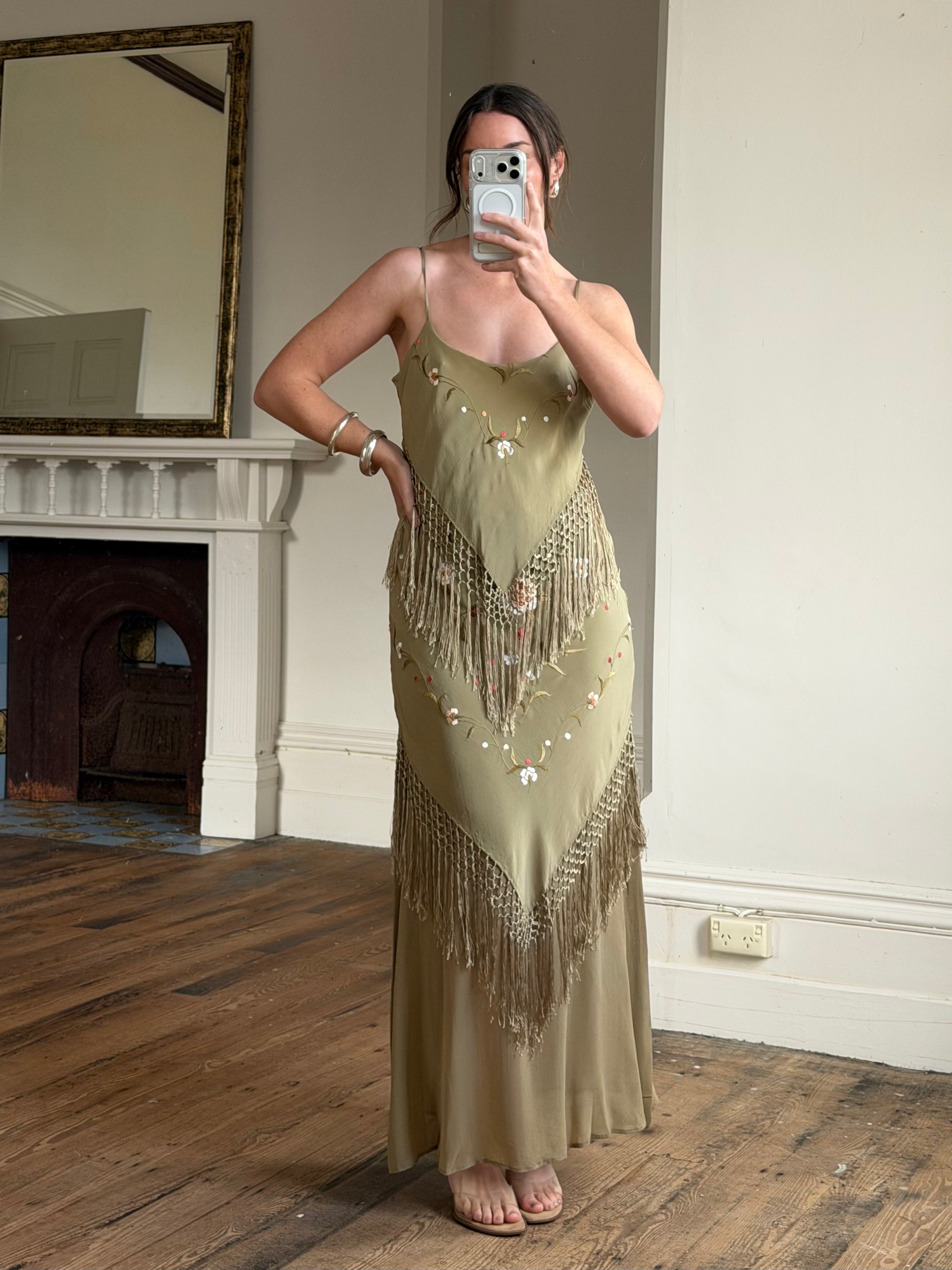Vintage 90s Pure Silk Embroidered Fringe Maxi Dress Khaki