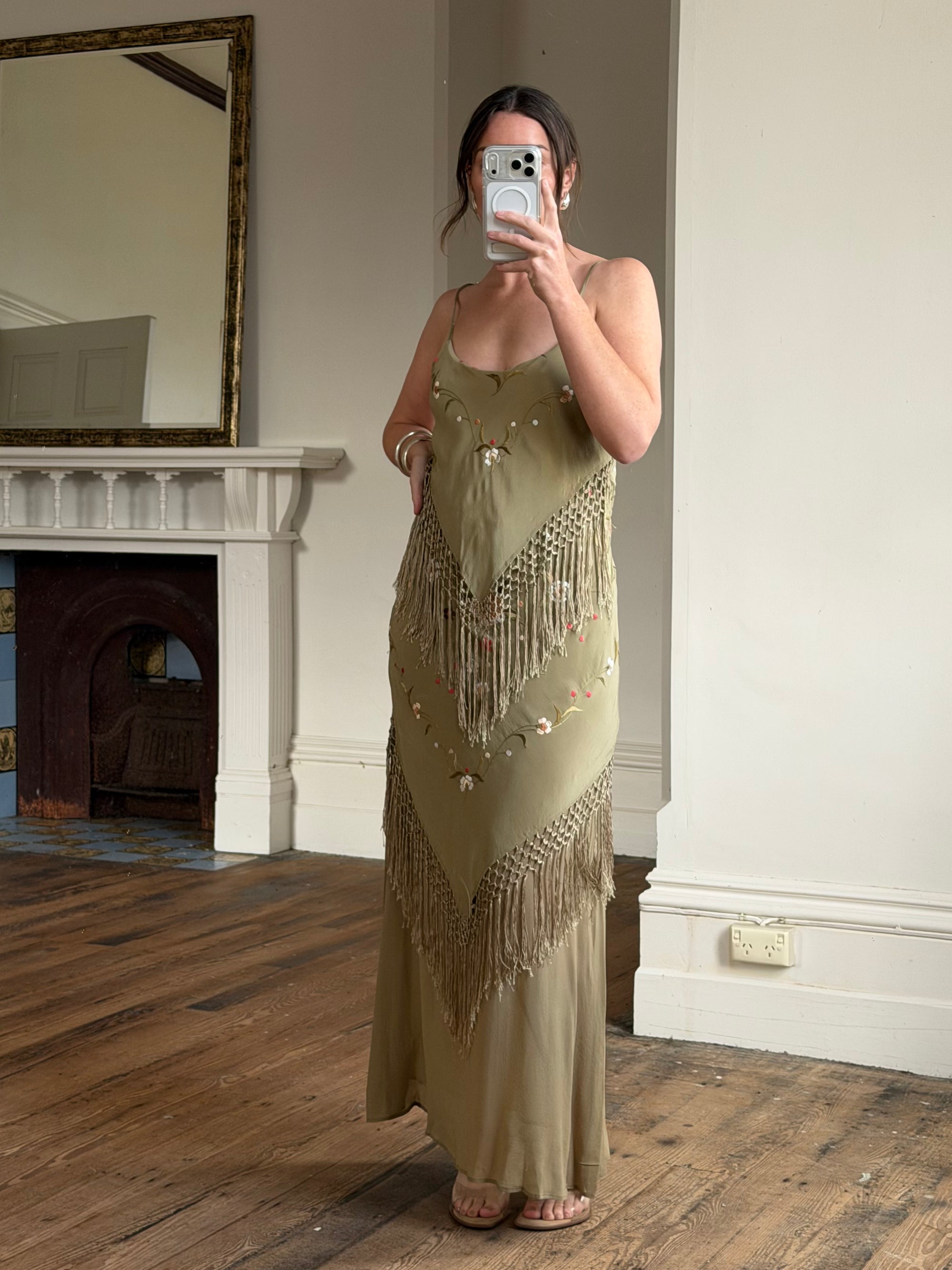 Vintage 90s Pure Silk Embroidered Fringe Maxi Dress Khaki