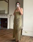 Vintage 90s Pure Silk Embroidered Fringe Maxi Dress Khaki