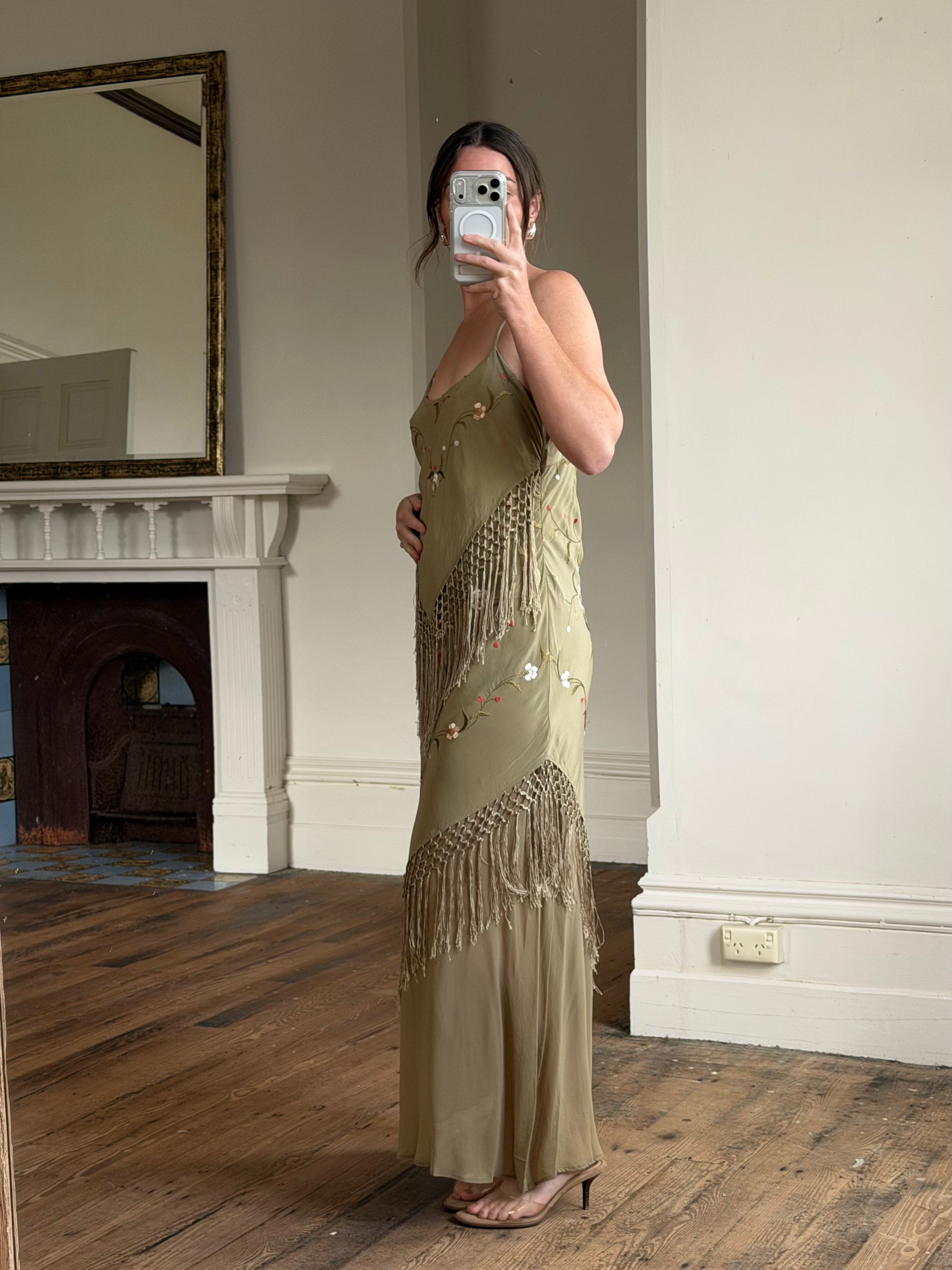 Vintage 90s Pure Silk Embroidered Fringe Maxi Dress Khaki