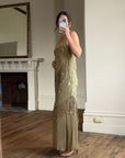 Vintage 90s Pure Silk Embroidered Fringe Maxi Dress Khaki