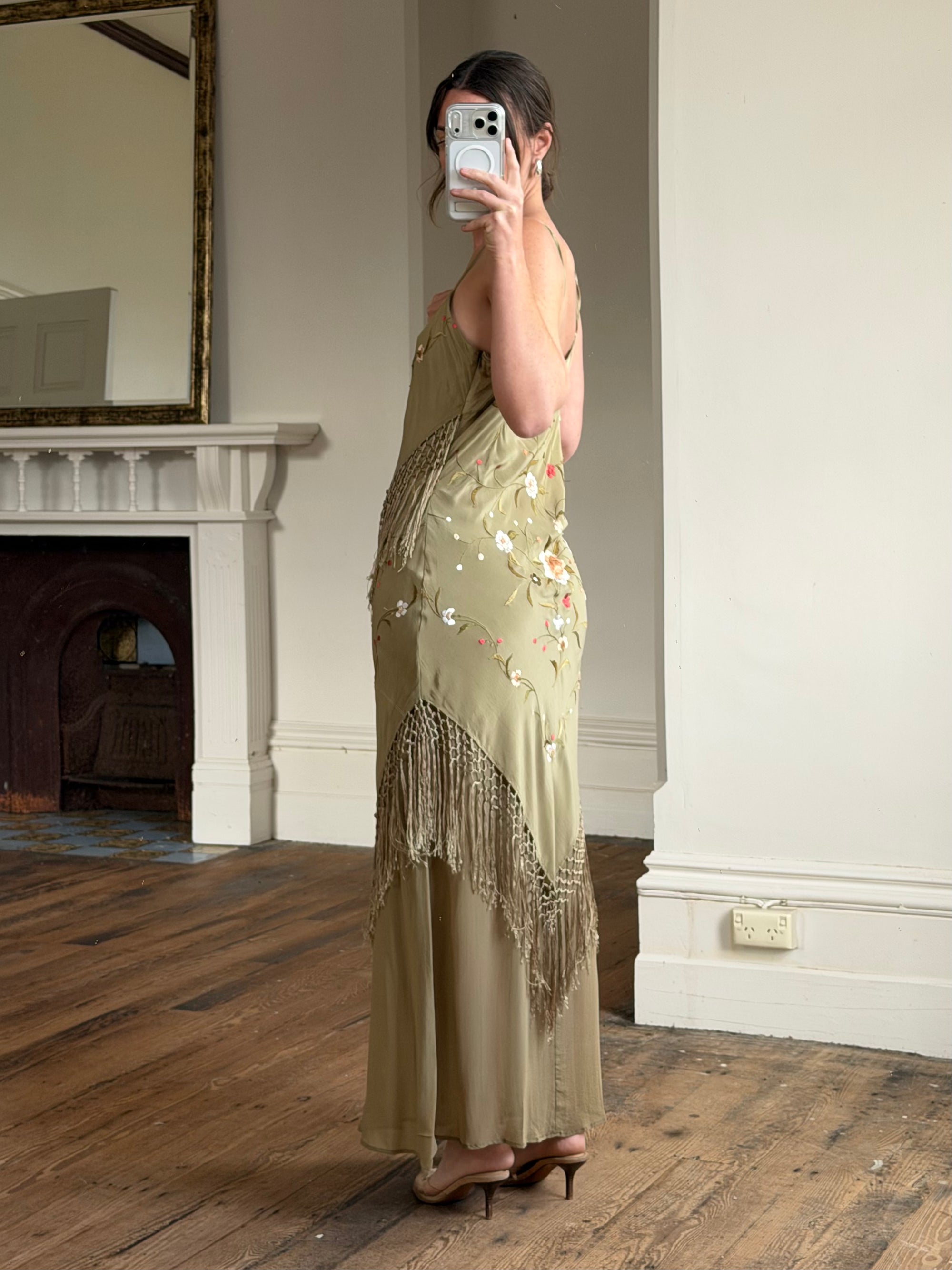 Vintage 90s Pure Silk Embroidered Fringe Maxi Dress Khaki