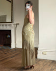 Vintage 90s Pure Silk Embroidered Fringe Maxi Dress Khaki