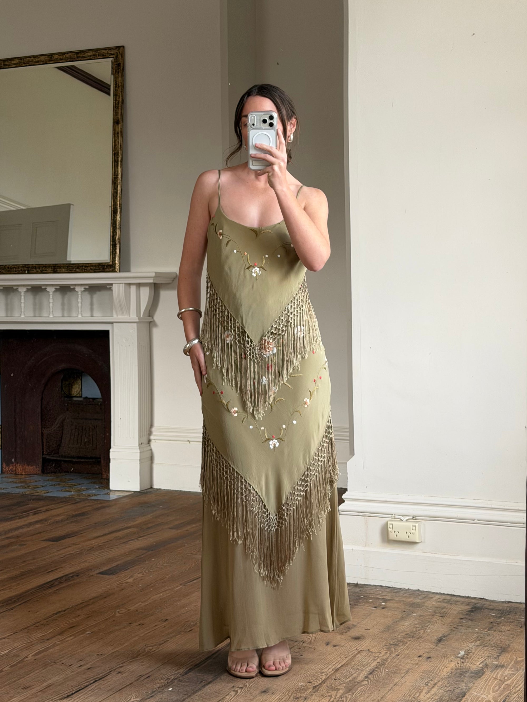Vintage 90s Pure Silk Embroidered Fringe Maxi Dress Khaki