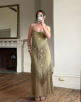 Vintage 90s Pure Silk Embroidered Fringe Maxi Dress Khaki