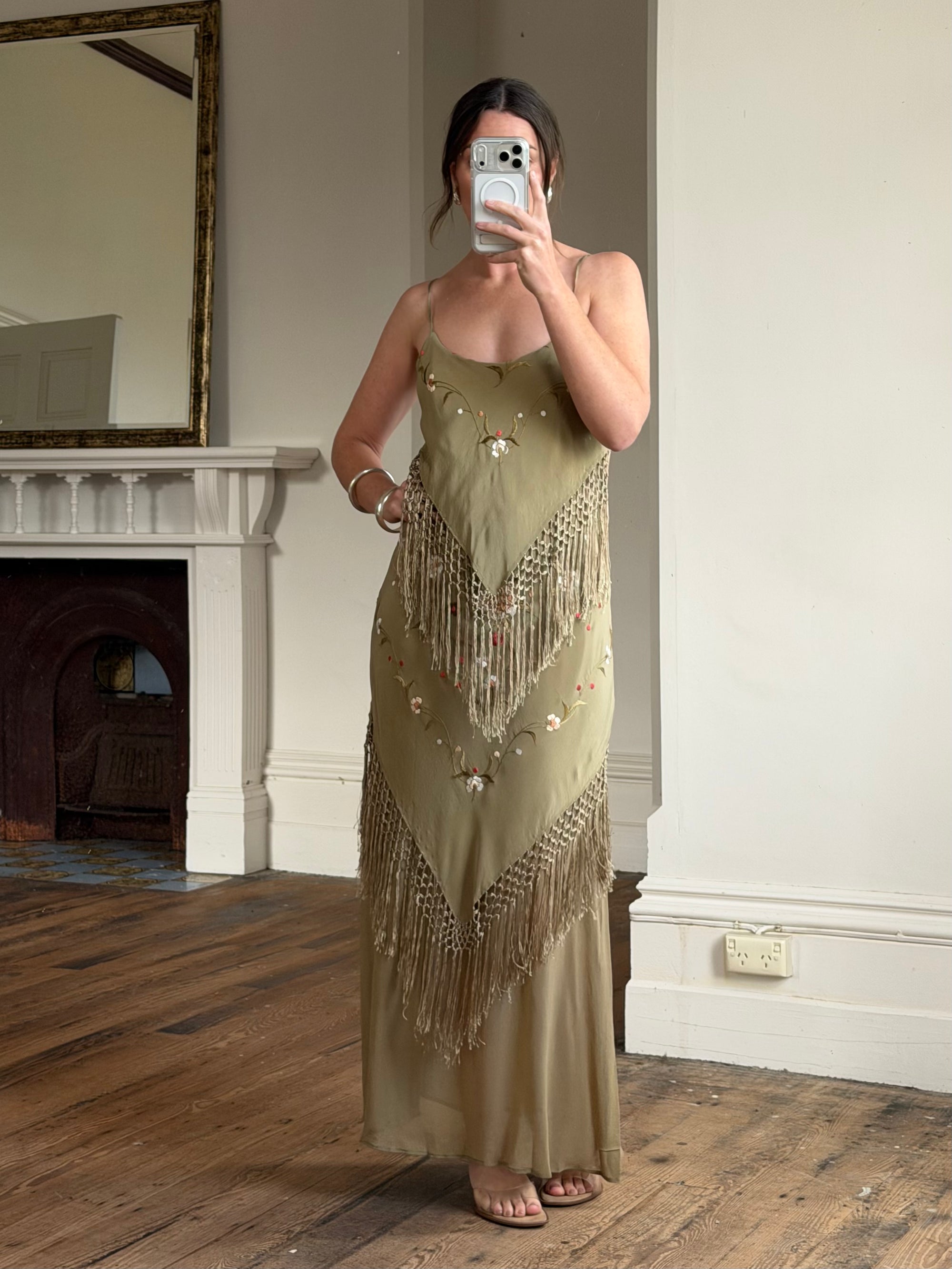 Vintage 90s Pure Silk Embroidered Fringe Maxi Dress Khaki