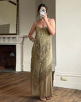 Vintage 90s Pure Silk Embroidered Fringe Maxi Dress Khaki
