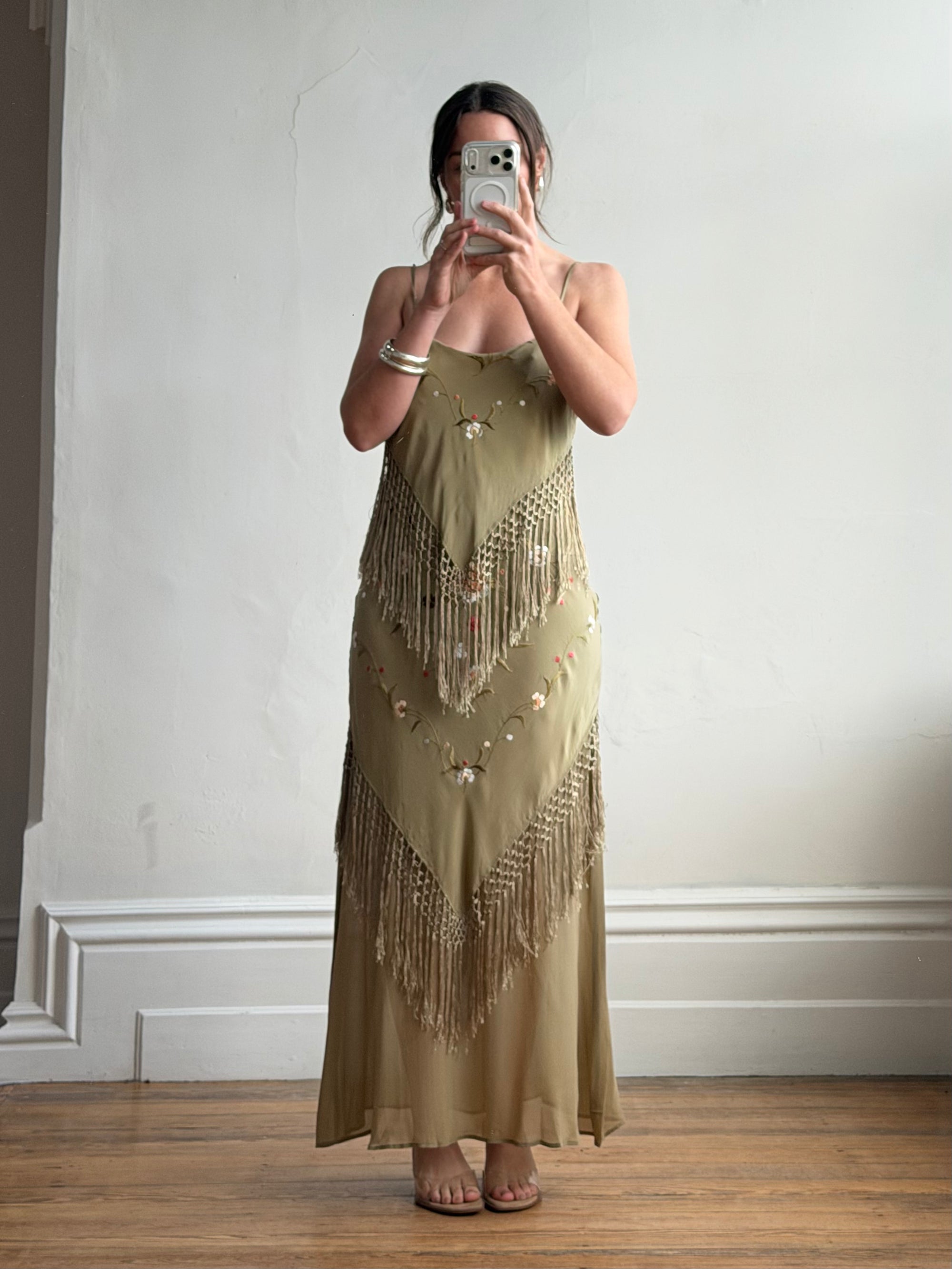 Vintage 90s Pure Silk Embroidered Fringe Maxi Dress Khaki