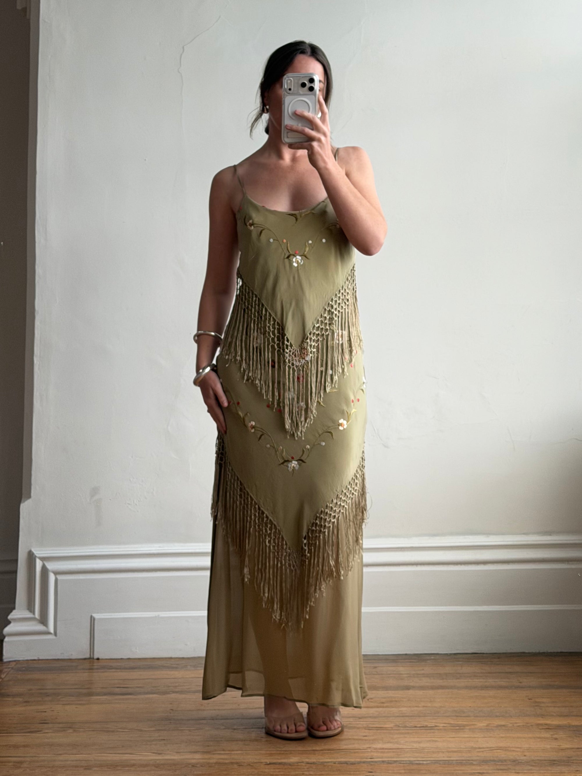 Vintage 90s Pure Silk Embroidered Fringe Maxi Dress Khaki
