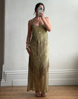Vintage 90s Pure Silk Embroidered Fringe Maxi Dress Khaki