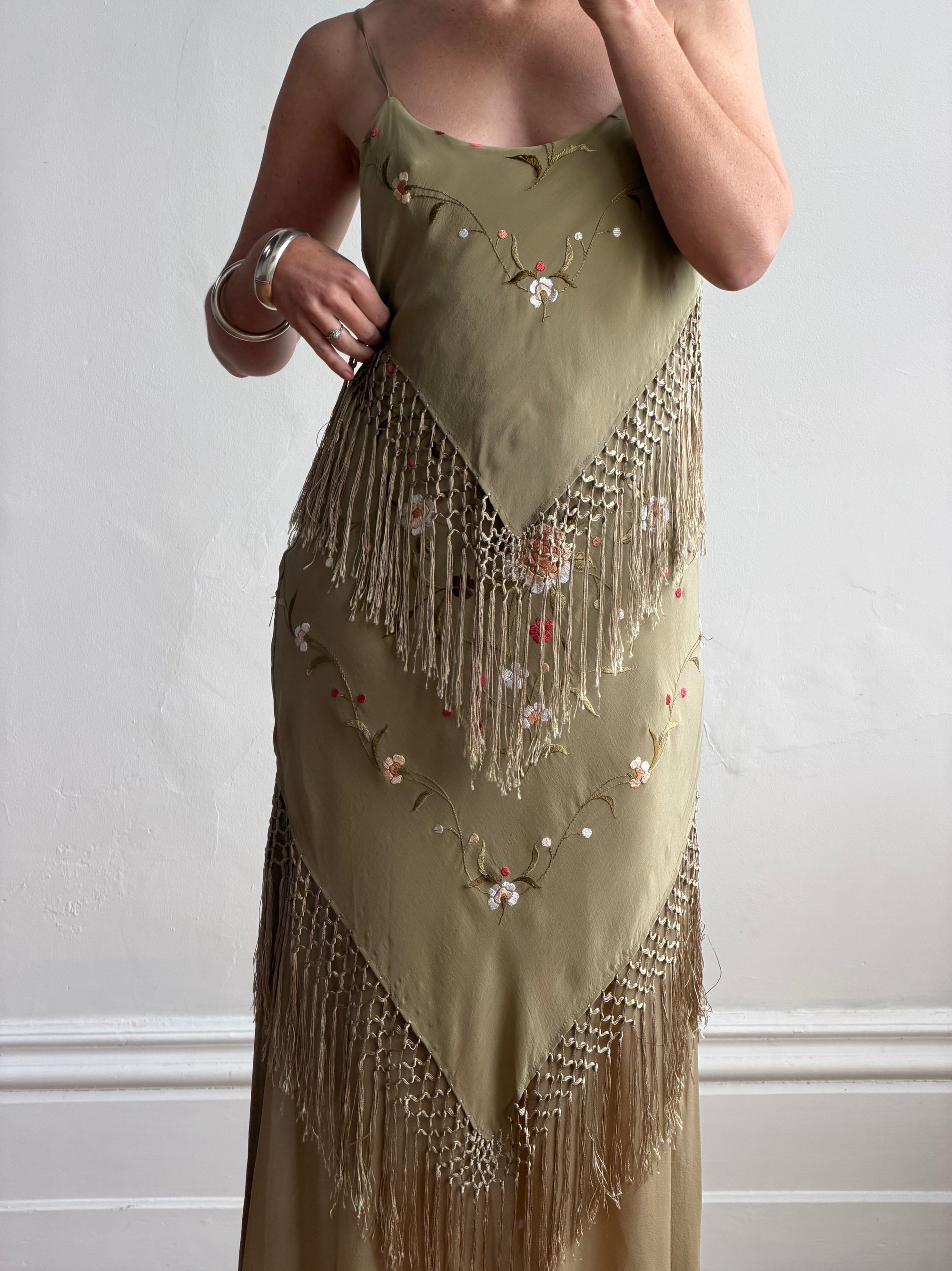 Vintage 90s Pure Silk Embroidered Fringe Maxi Dress Khaki