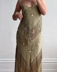 Vintage 90s Pure Silk Embroidered Fringe Maxi Dress Khaki