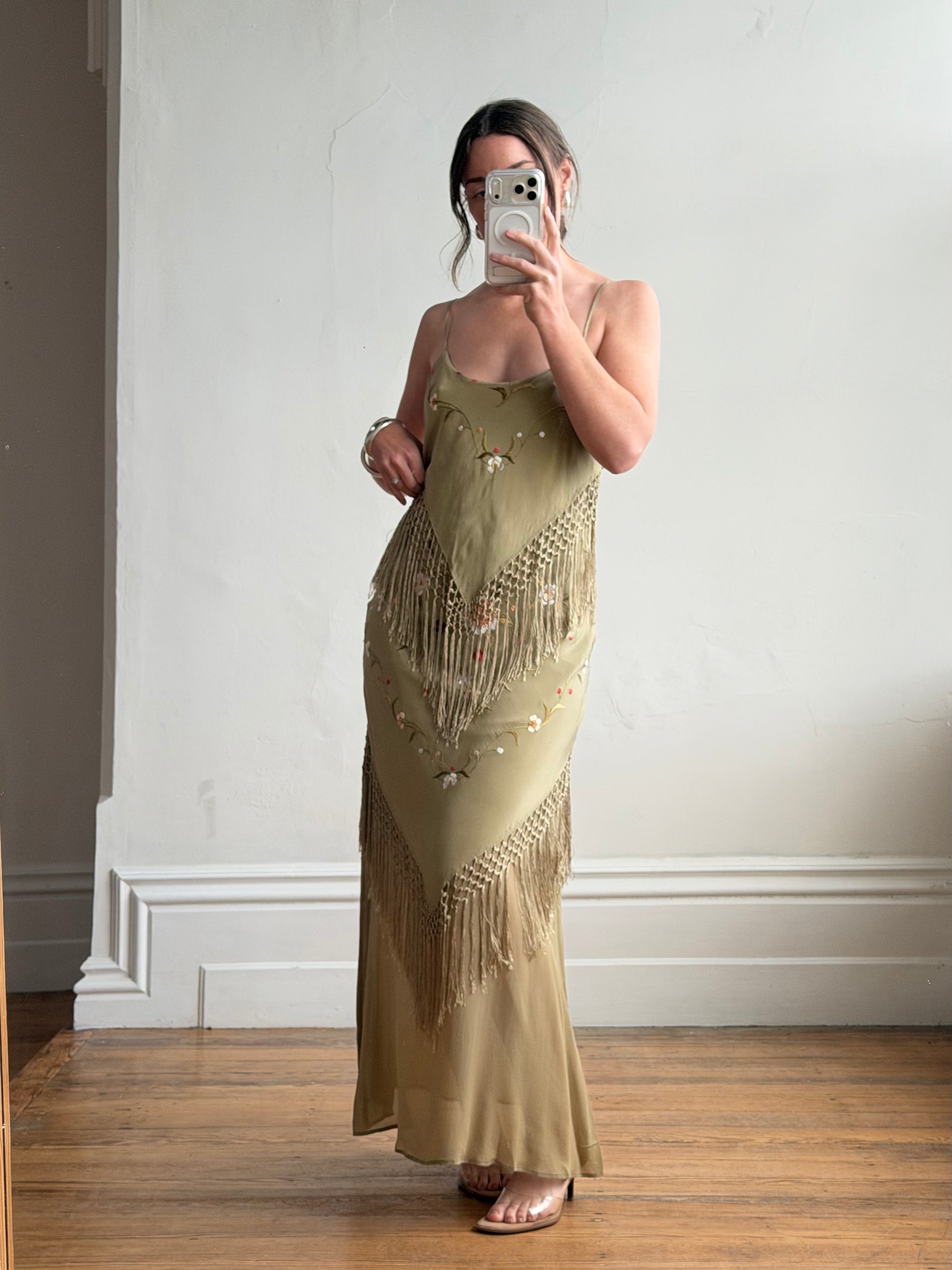 Vintage 90s Pure Silk Embroidered Fringe Maxi Dress Khaki