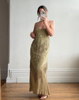 Vintage 90s Pure Silk Embroidered Fringe Maxi Dress Khaki
