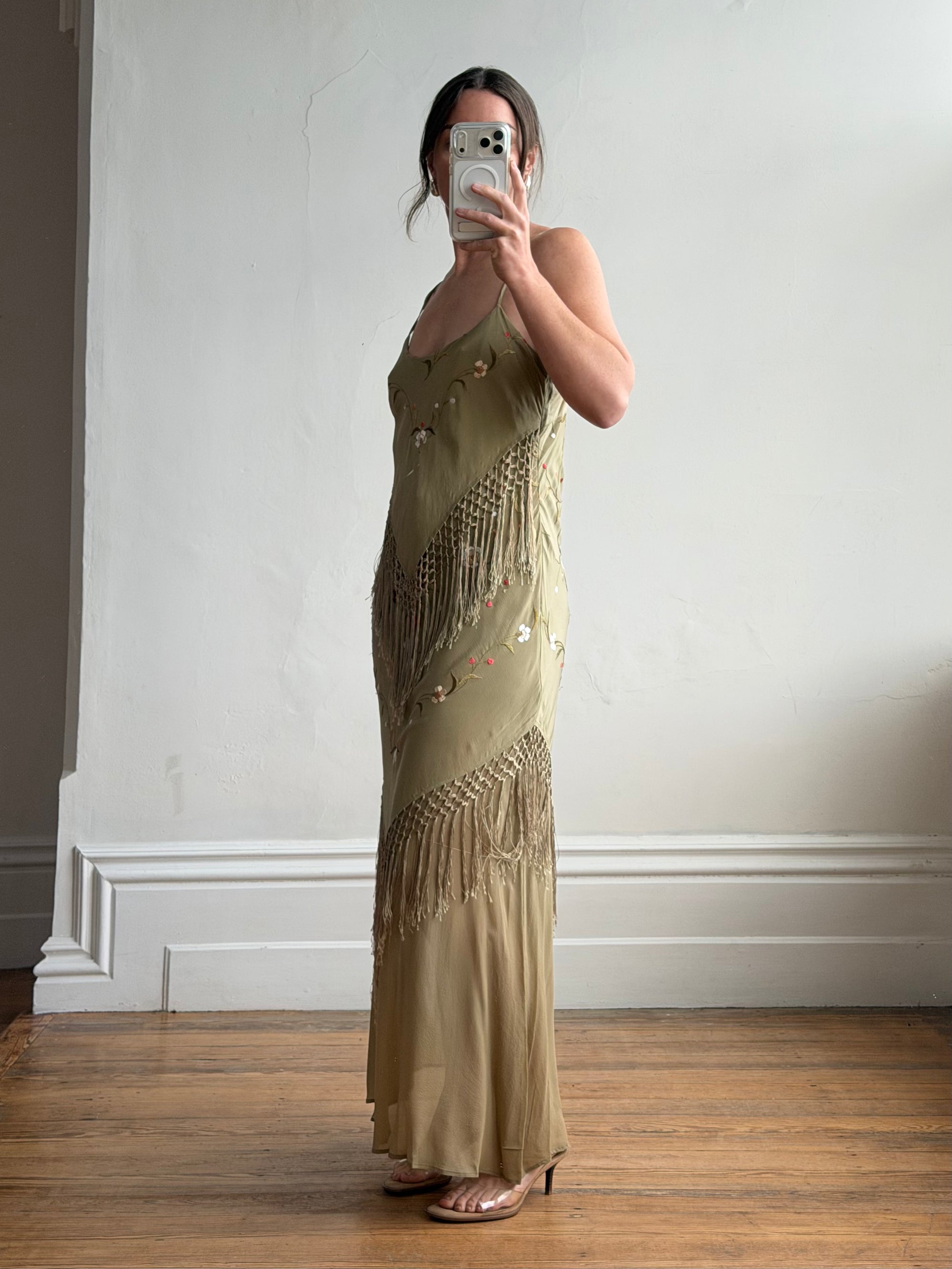 Vintage 90s Pure Silk Embroidered Fringe Maxi Dress Khaki