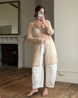 Vintage 90s Sheer Silk Beaded Button Front Top Creme