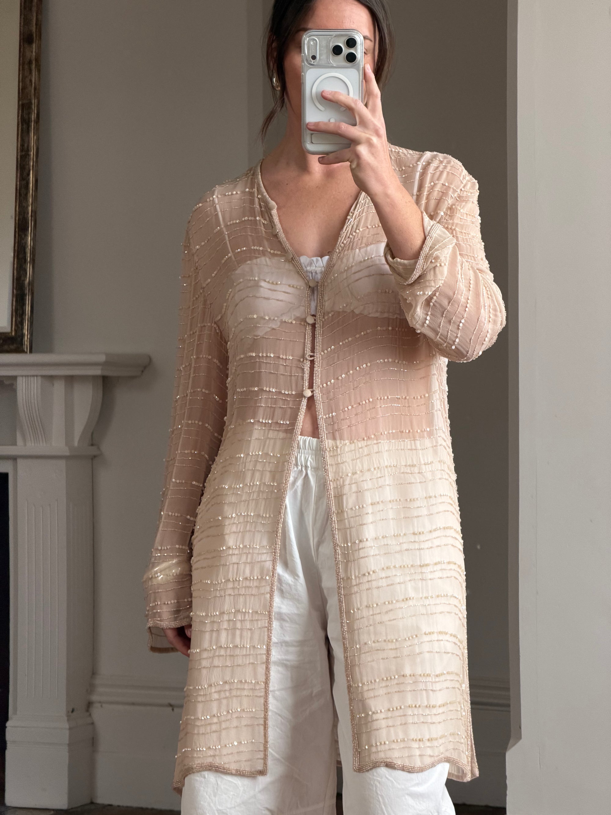 Vintage 90s Sheer Silk Beaded Button Front Top Creme
