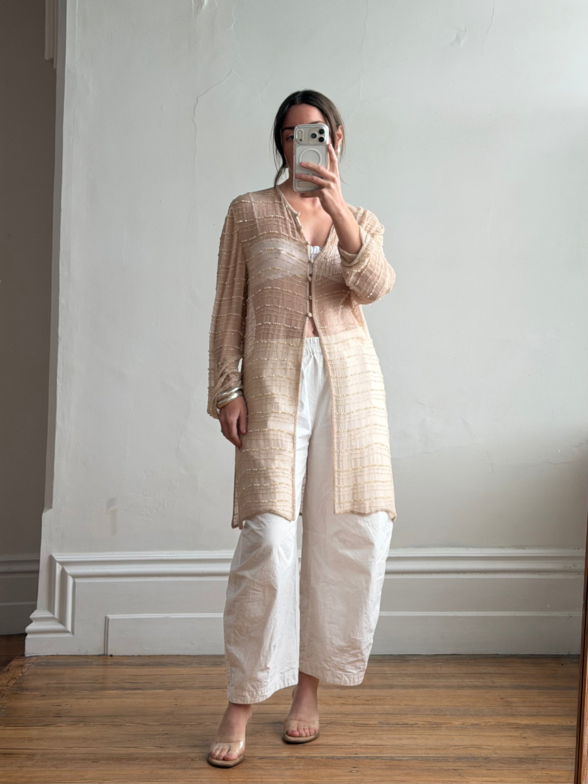 Vintage 90s Sheer Silk Beaded Button Front Top Creme