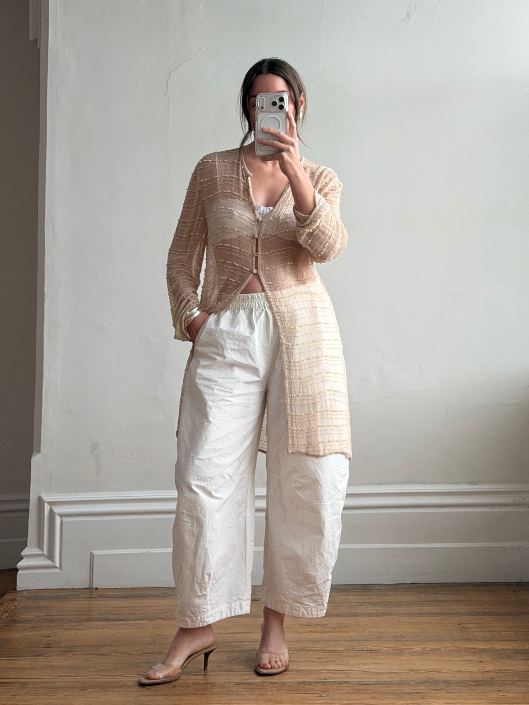 Vintage 90s Sheer Silk Beaded Button Front Top Creme