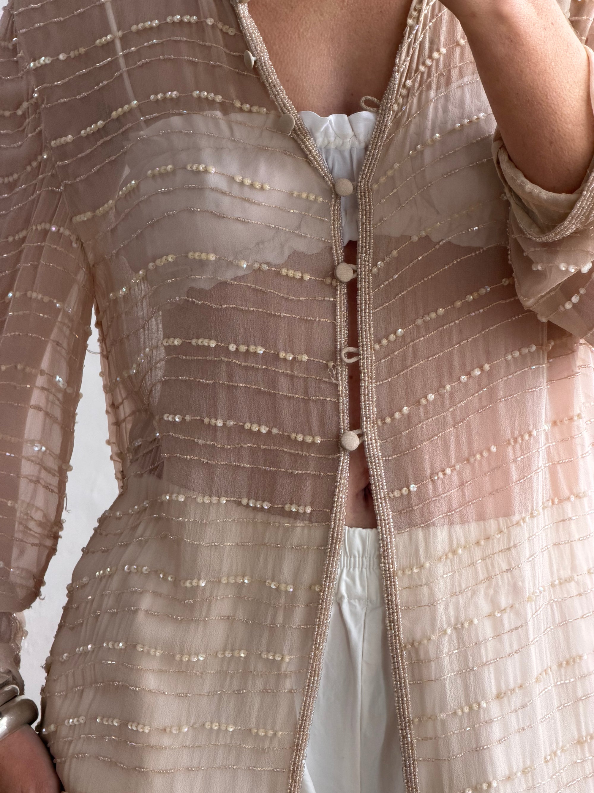 Vintage 90s Sheer Silk Beaded Button Front Top Creme