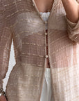 Vintage 90s Sheer Silk Beaded Button Front Top Creme