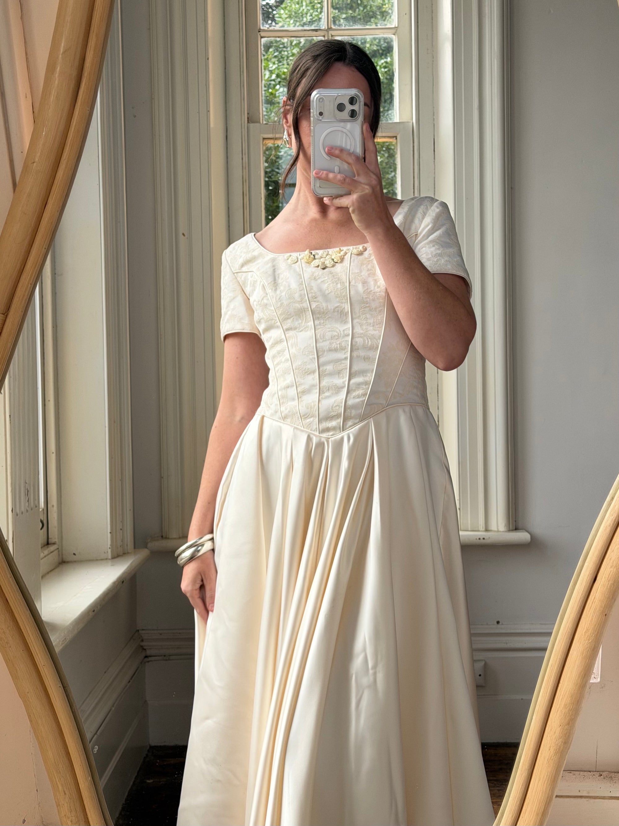 Vintage 90s Corset Satin Bridal Gown with Petite Rosettes