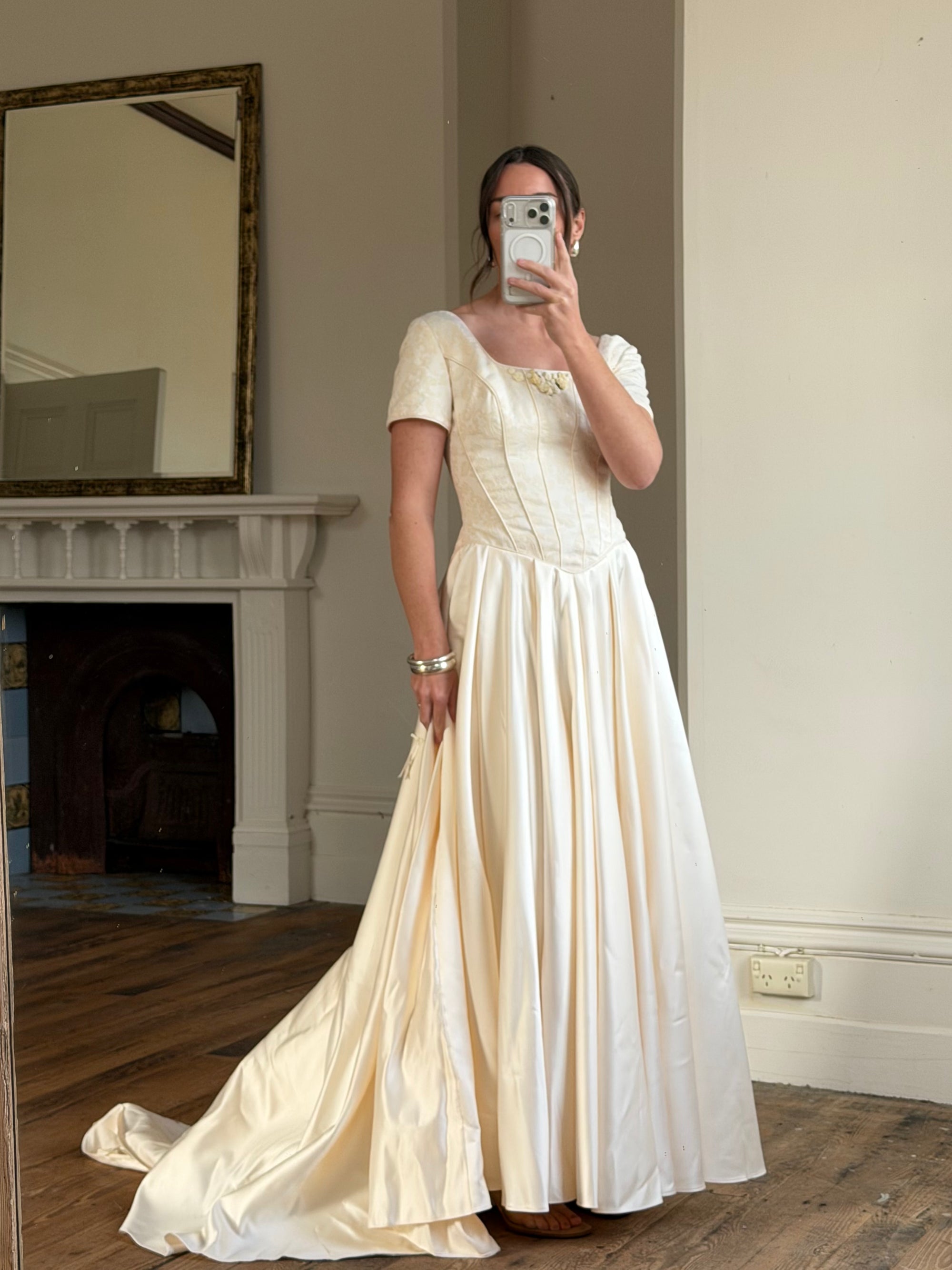 Vintage 90s Corset Satin Bridal Gown with Petite Rosettes