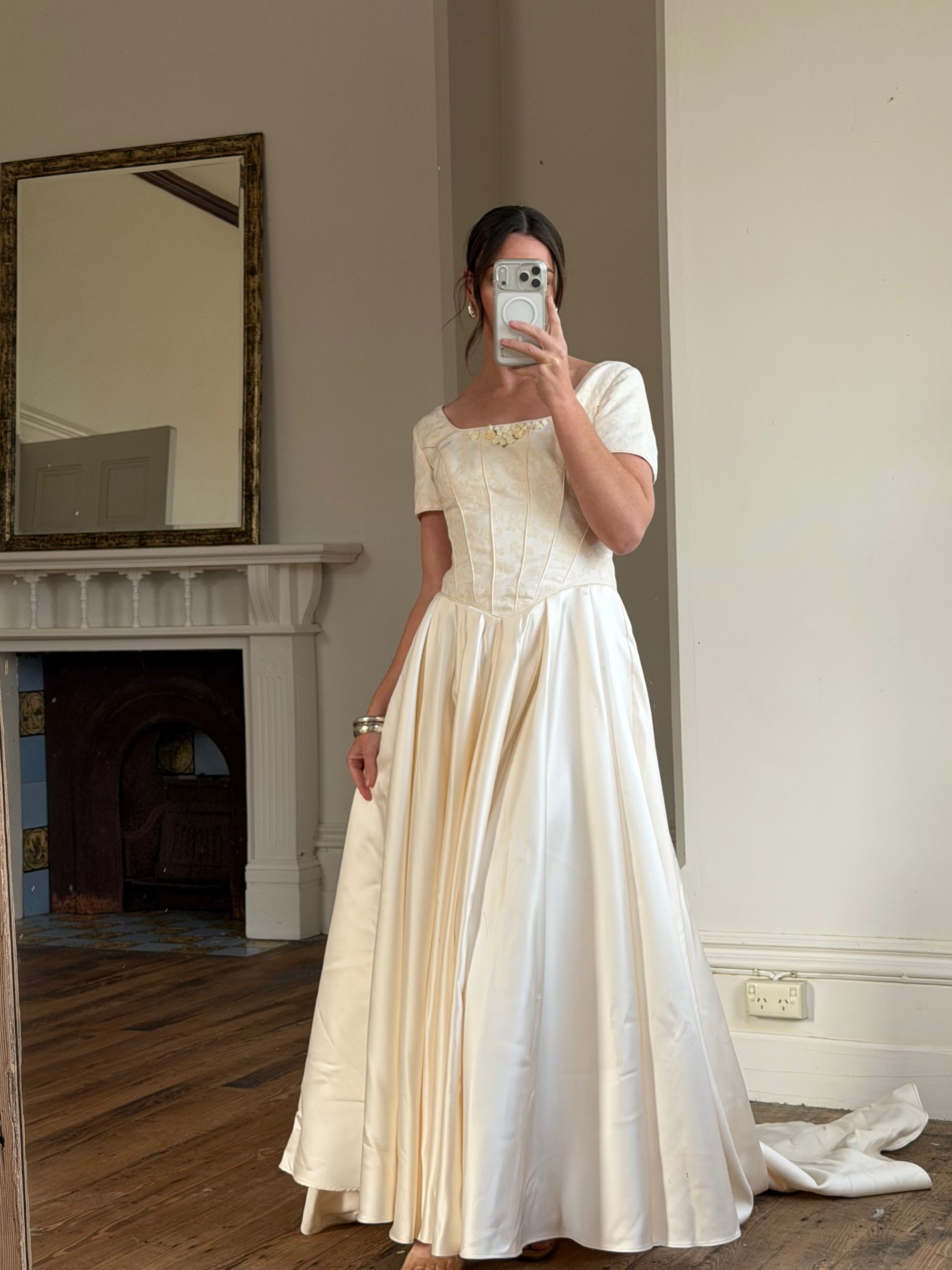 Vintage 90s Corset Satin Bridal Gown with Petite Rosettes