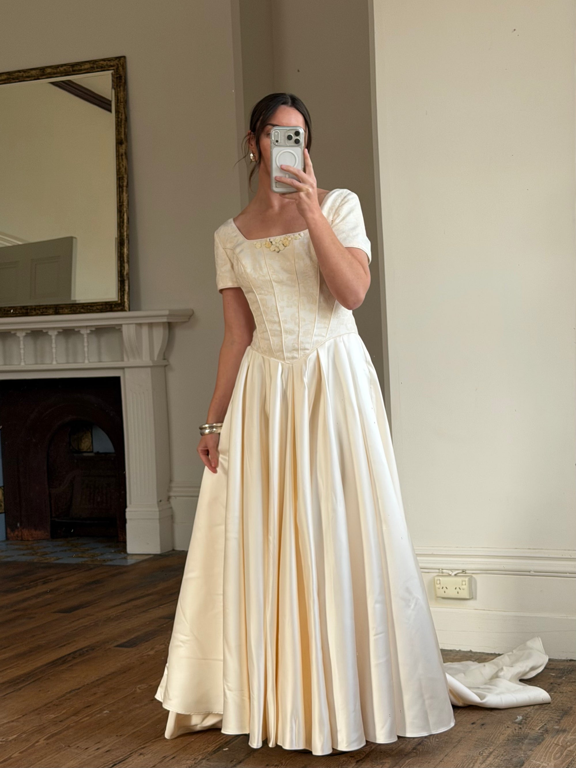 Vintage 90s Corset Satin Bridal Gown with Petite Rosettes