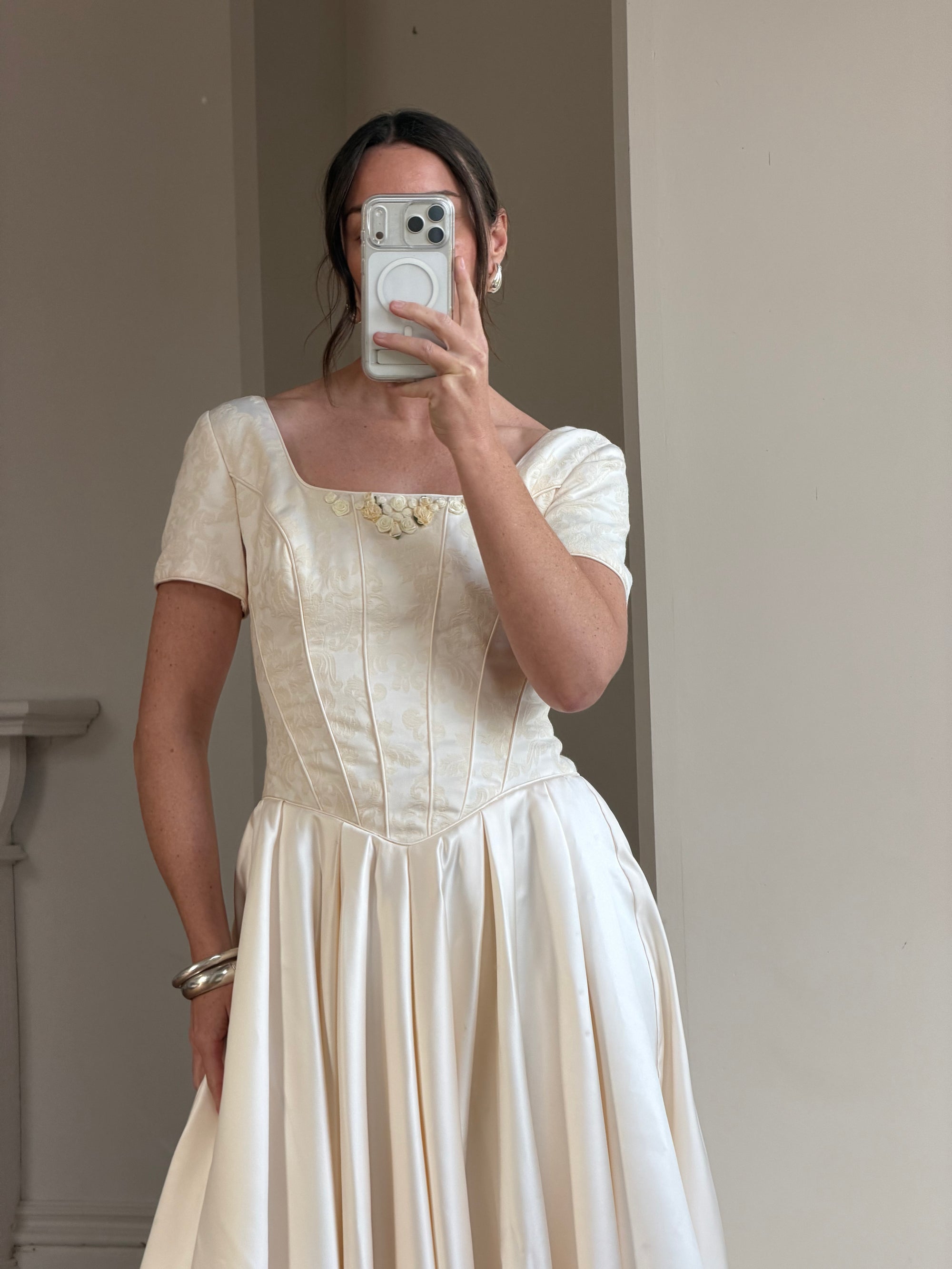 Vintage 90s Corset Satin Bridal Gown with Petite Rosettes