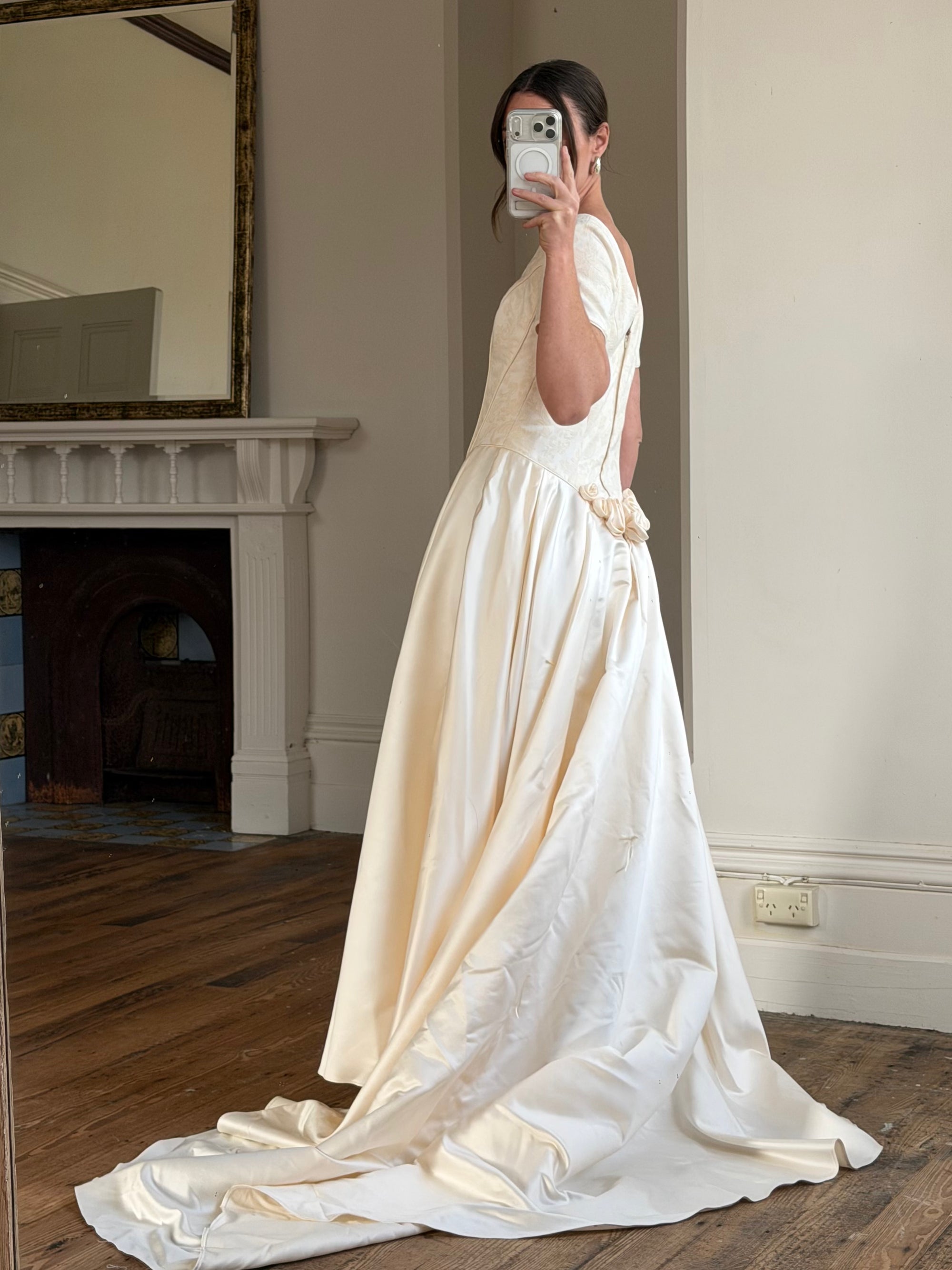 Vintage 90s Corset Satin Bridal Gown with Petite Rosettes