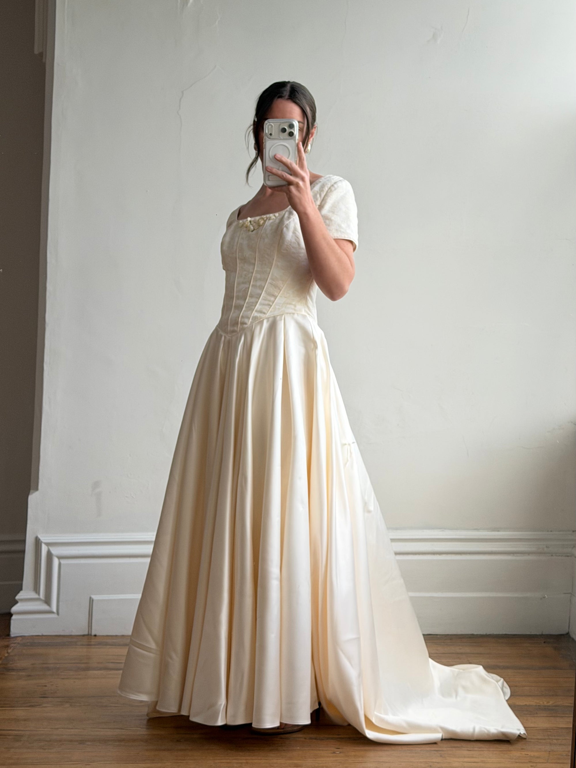 Vintage 90s Corset Satin Bridal Gown with Petite Rosettes