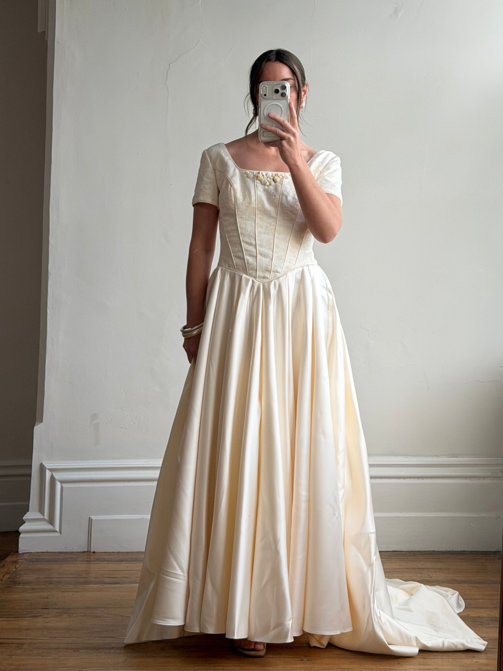 Vintage 90s Corset Satin Bridal Gown with Petite Rosettes